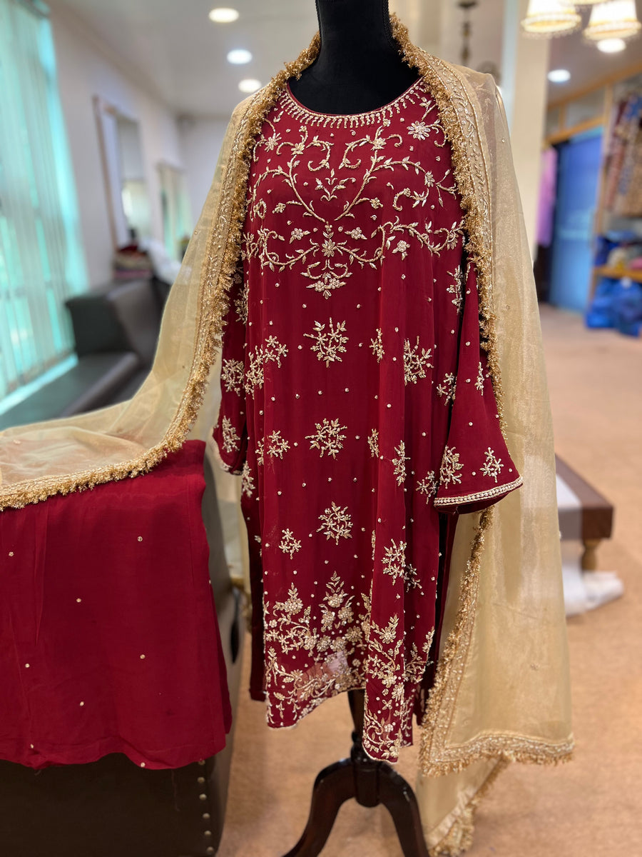 Maroon and golden sharara dress – Pastau