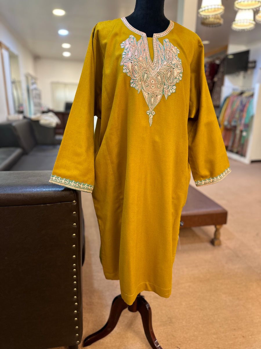 Yellow - Sozni Hand Embroidered Kashmiri Merino Wool Pheran 31