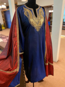 Pure silk hand tilla suit blue and maroon 3pc stitched