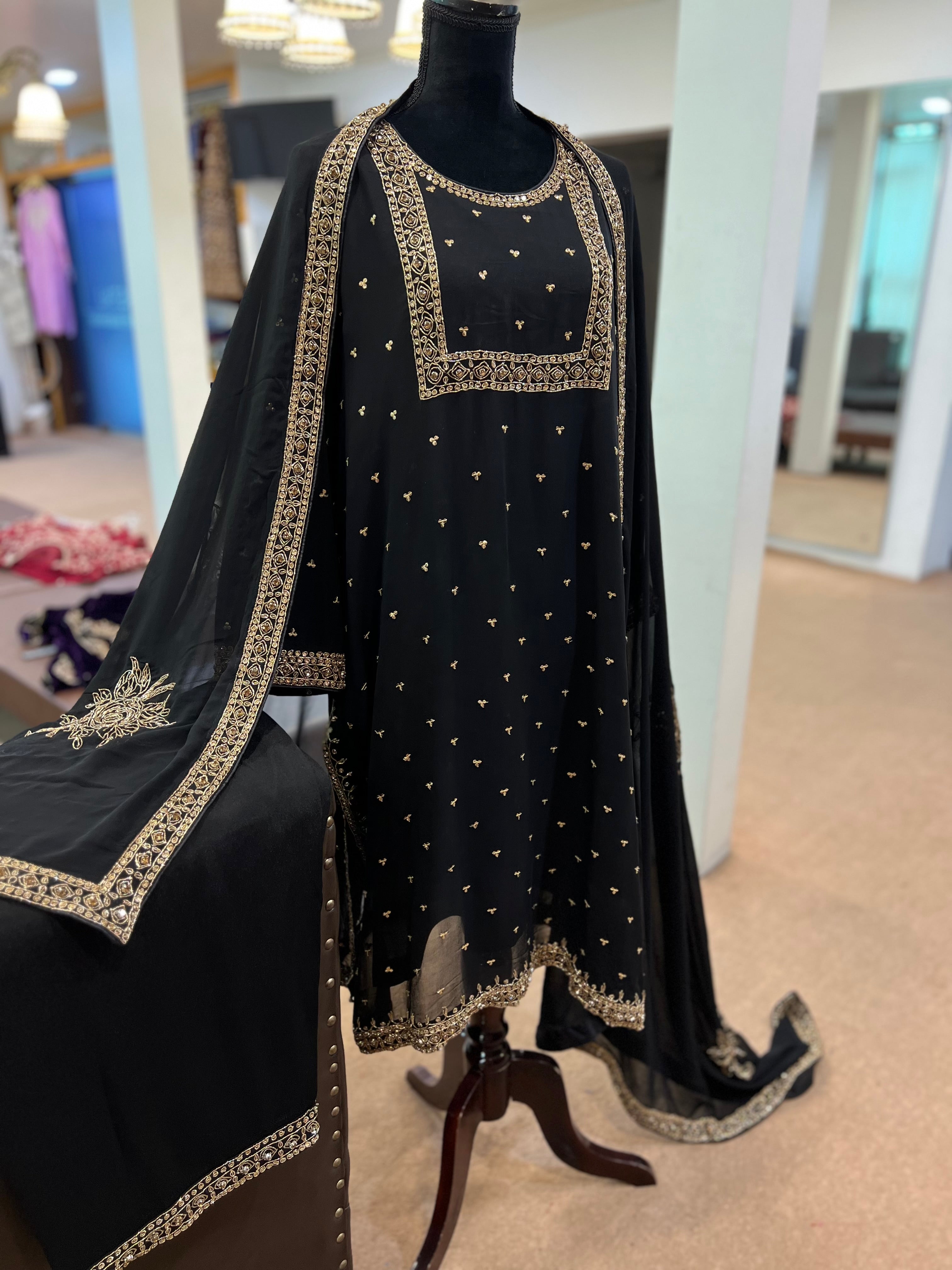 Hand embroidered black 3pc dress