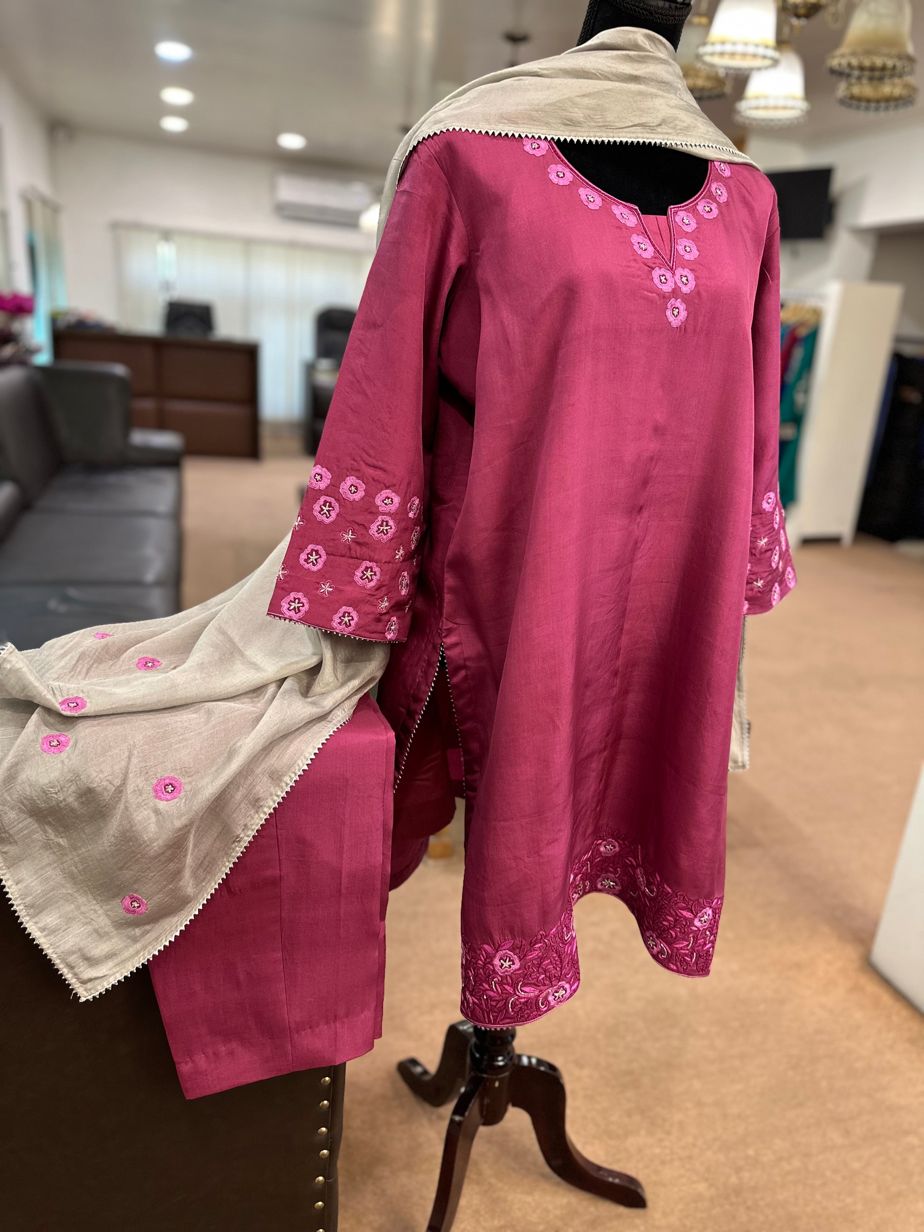 Pure silk 3 piece handwork suit wine shade