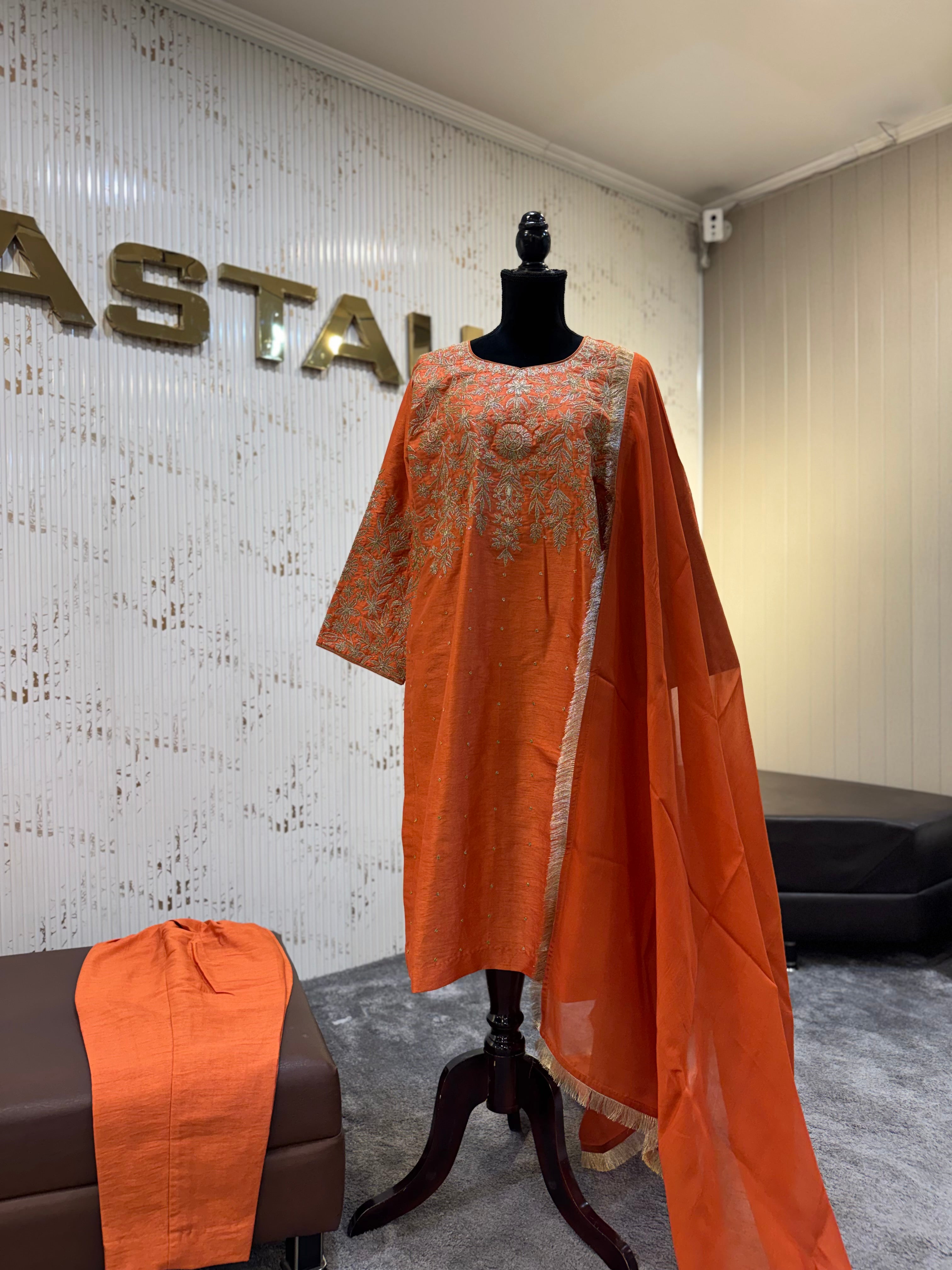 Royal Rust Pure Silk 3-Piece Set with Tabby Silk Dupatta