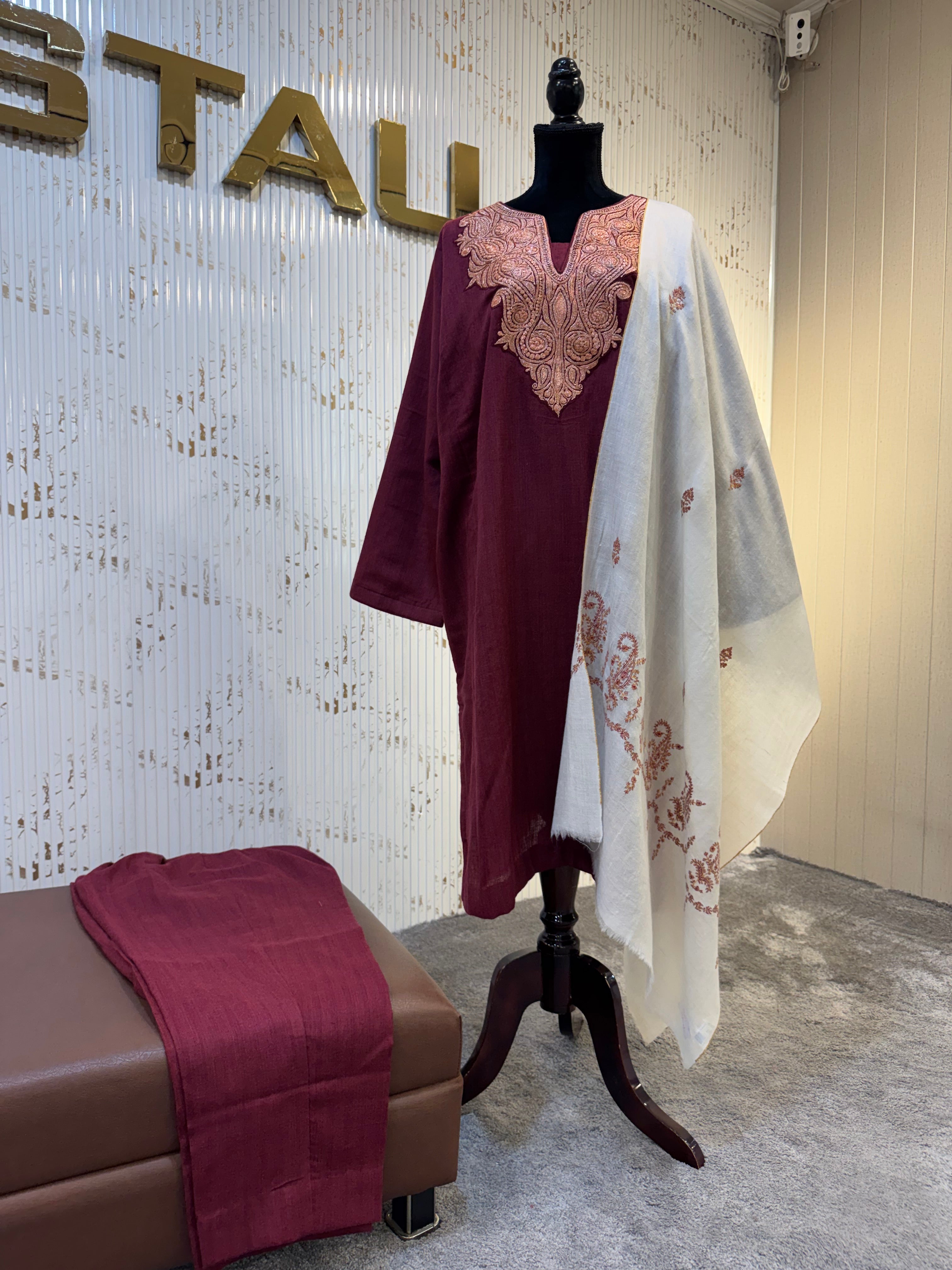Wine Burgundy Pashmina Blend 2Pc Suit with Gold Hand Tilla Work