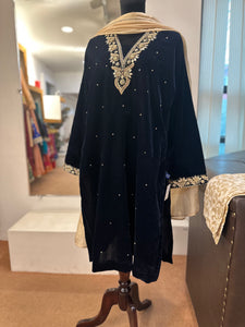 Blue velvet Handembroidered dress pbks769
