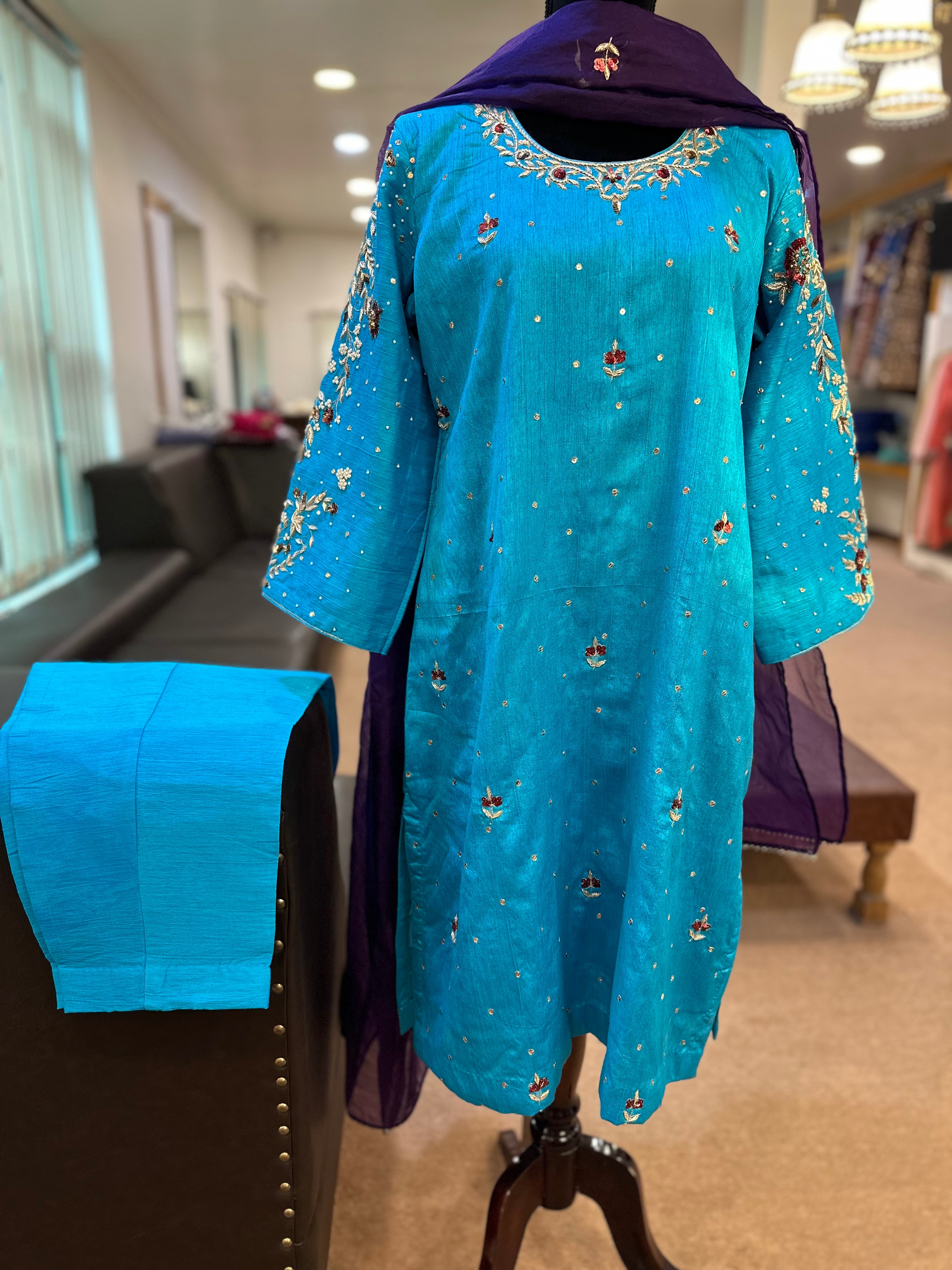 Handembroidered 3 piece blue dress