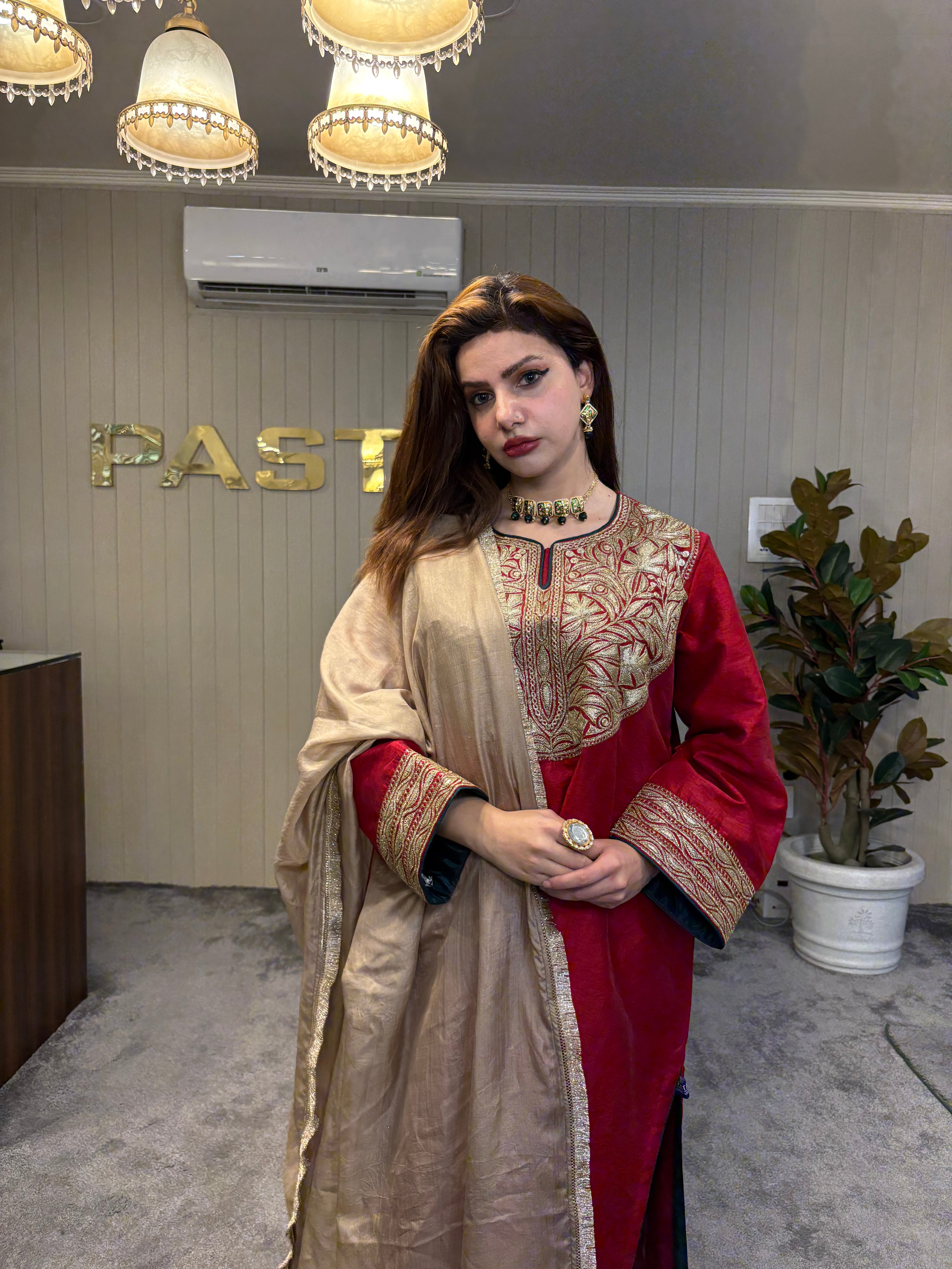Maroon silk kurta set 3 pc mtks849