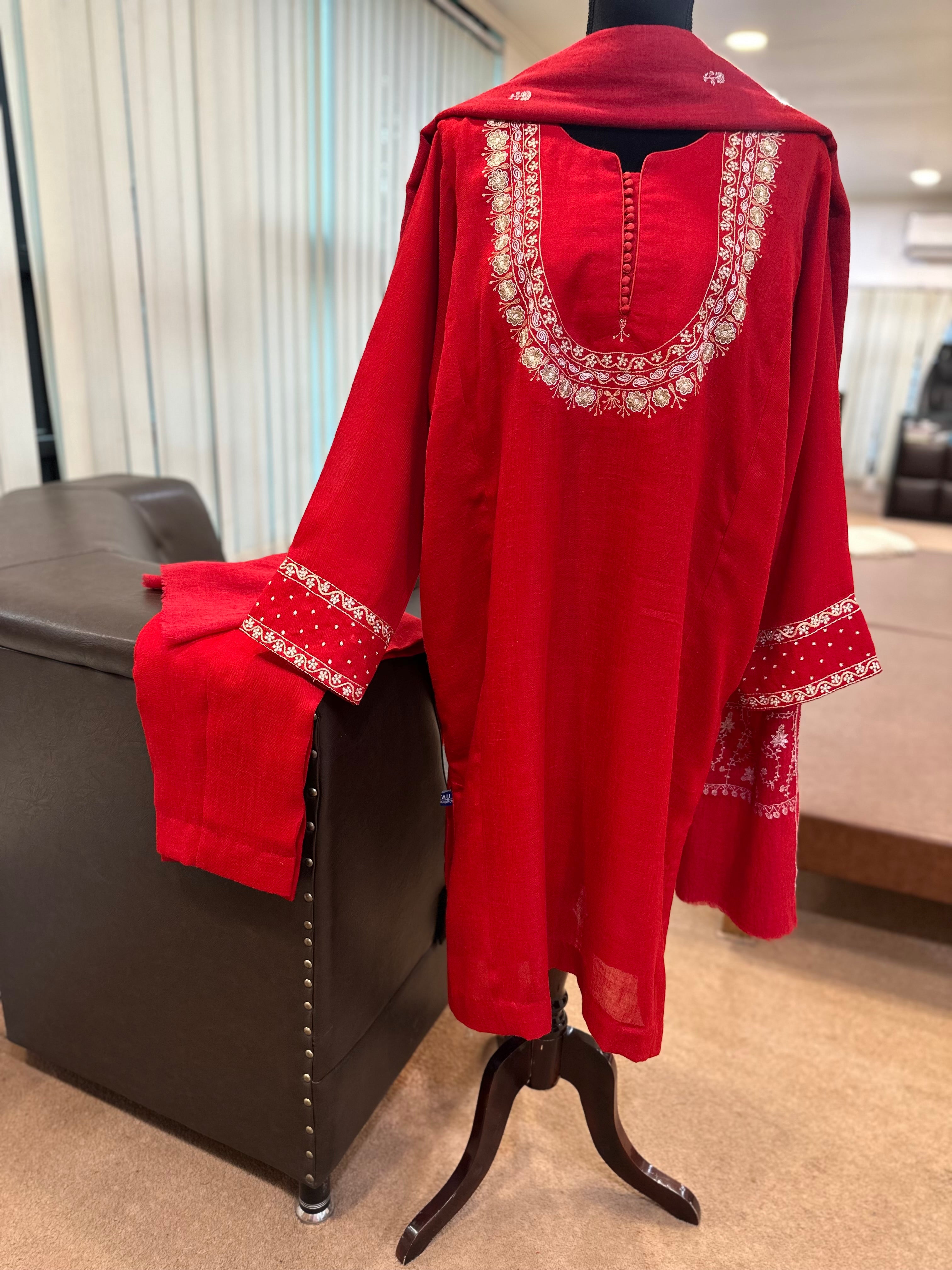 Red Purepashmina blend pheran set pwb459