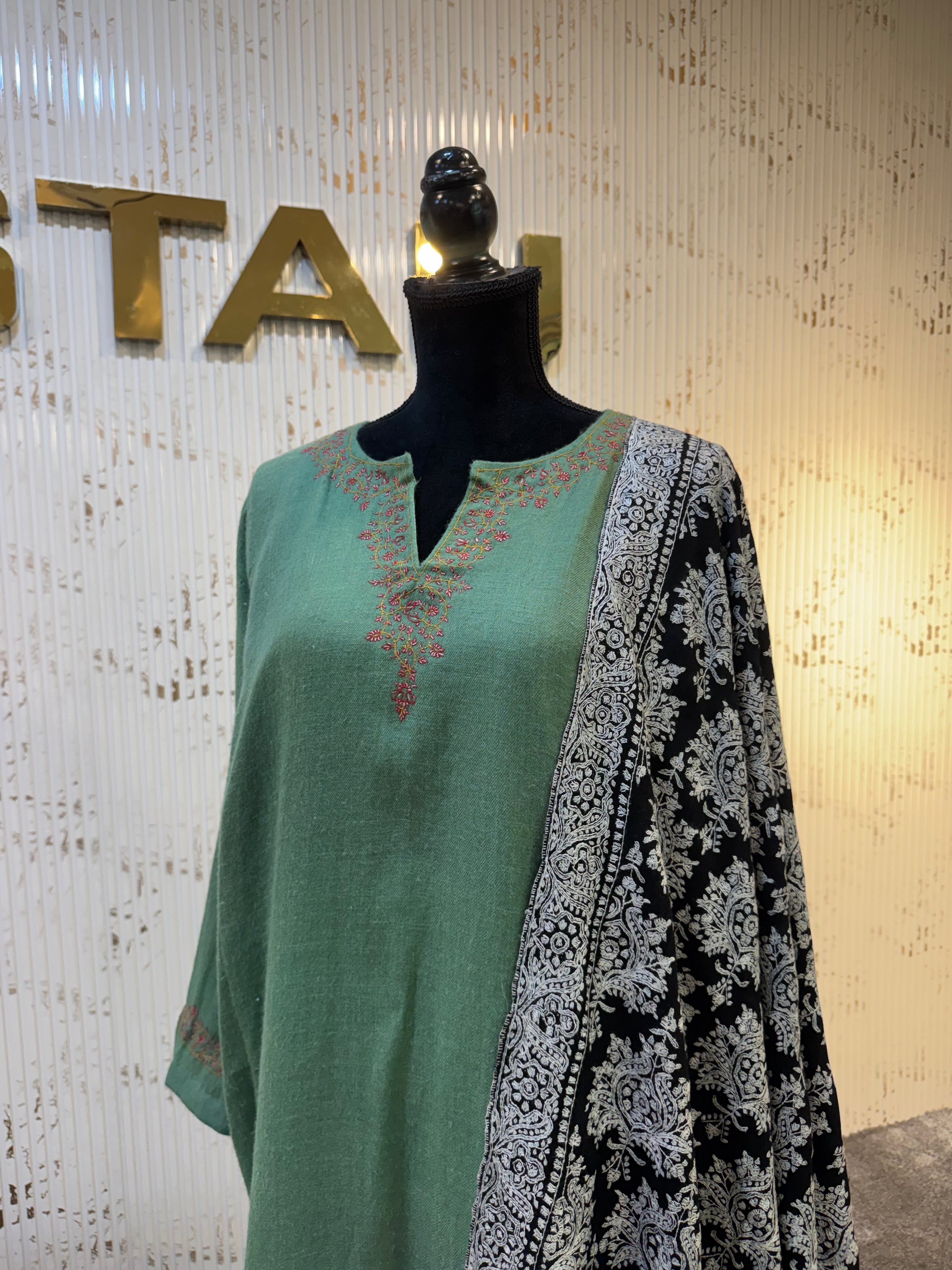 Sage Green Pashmina Blend 2-Piece Suit with Hand Sozni Embroidery pwb567