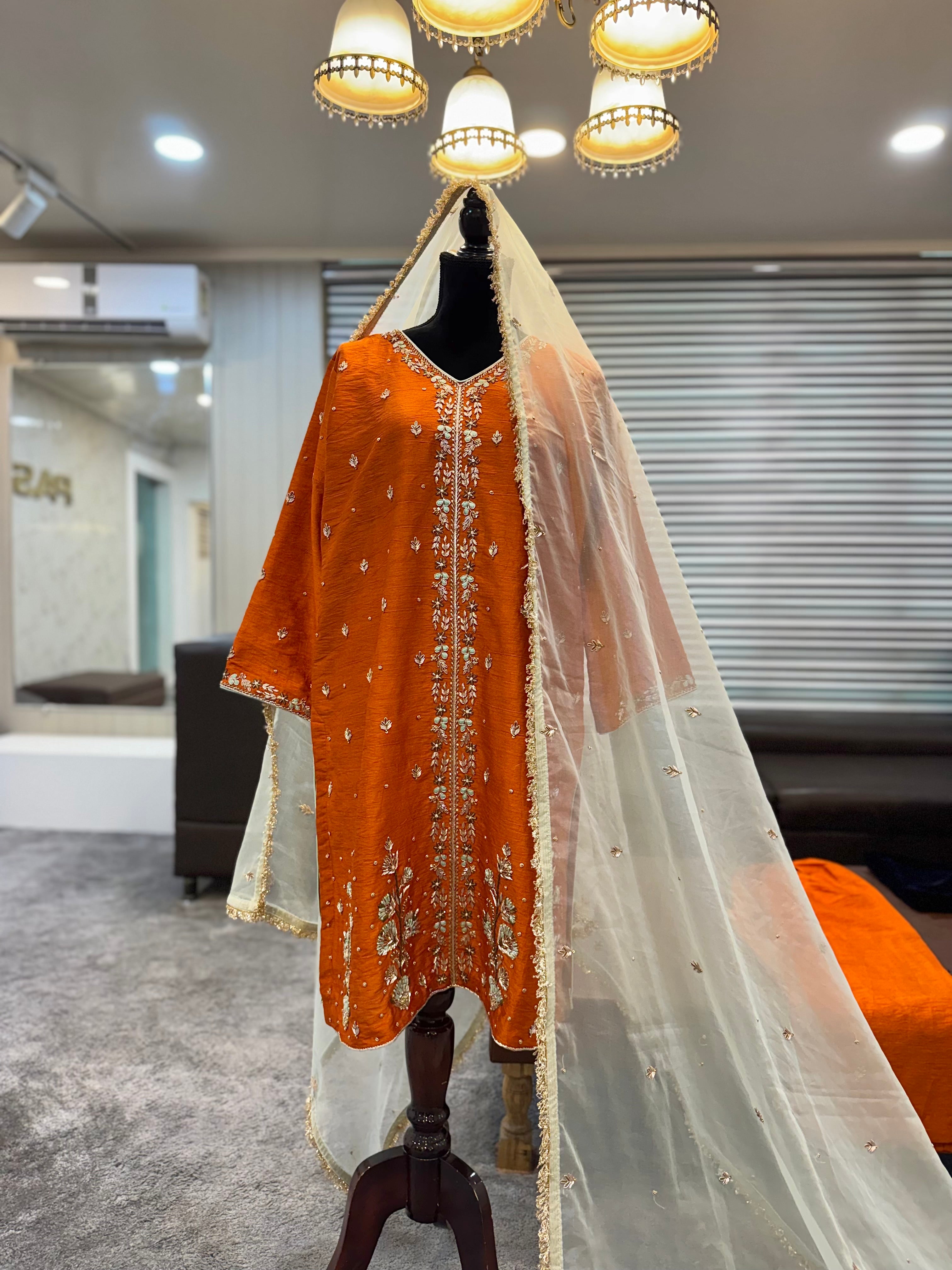 Rust handembroidered kurta set pbks129