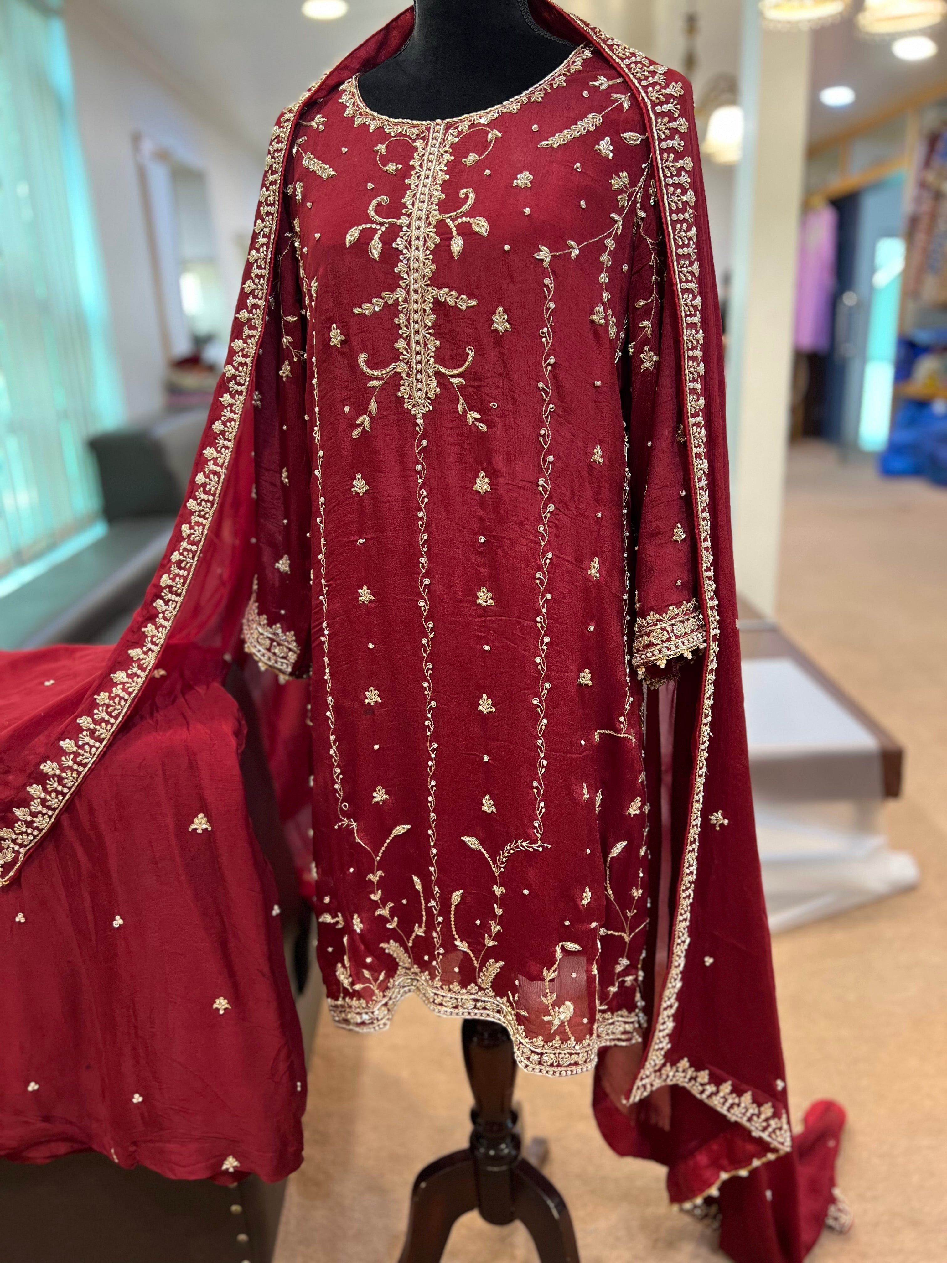 Maroon sharara dress 3pc hand embroidered