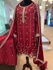 Maroon sharara dress 3pc hand embroidered
