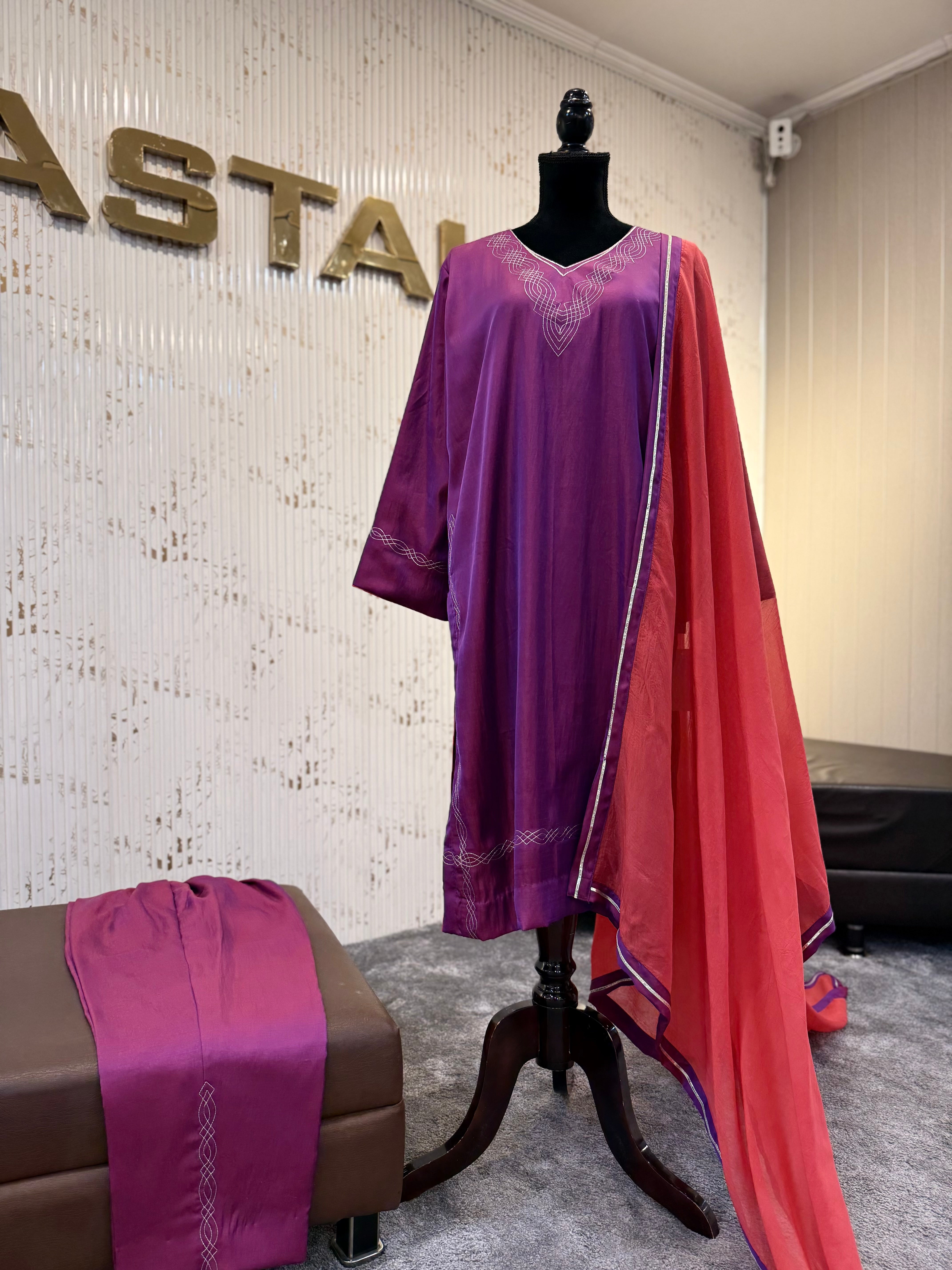 Dual shade Satin Suit with Dupatta.