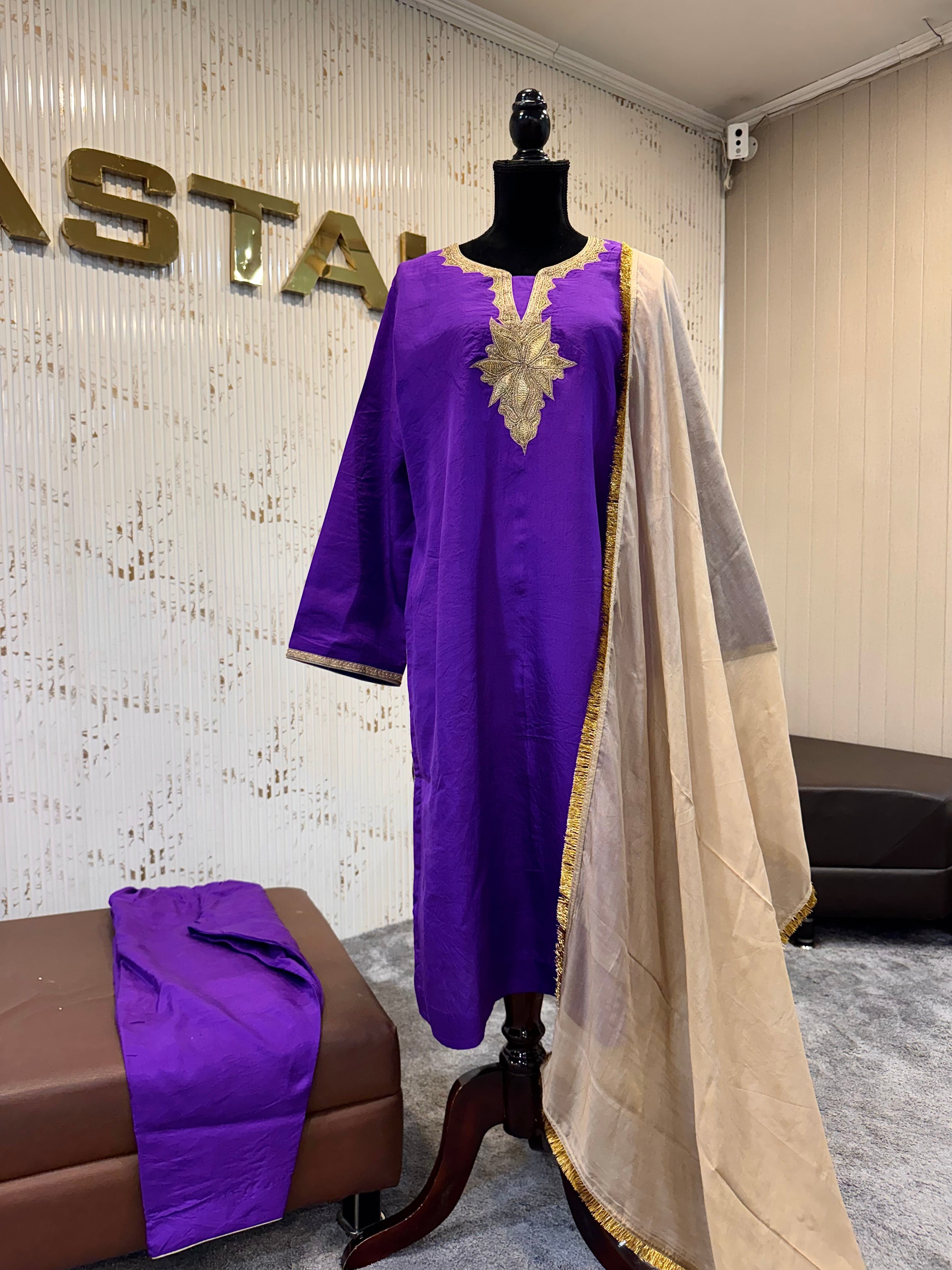 Deep purple puresilk handtilla work suit