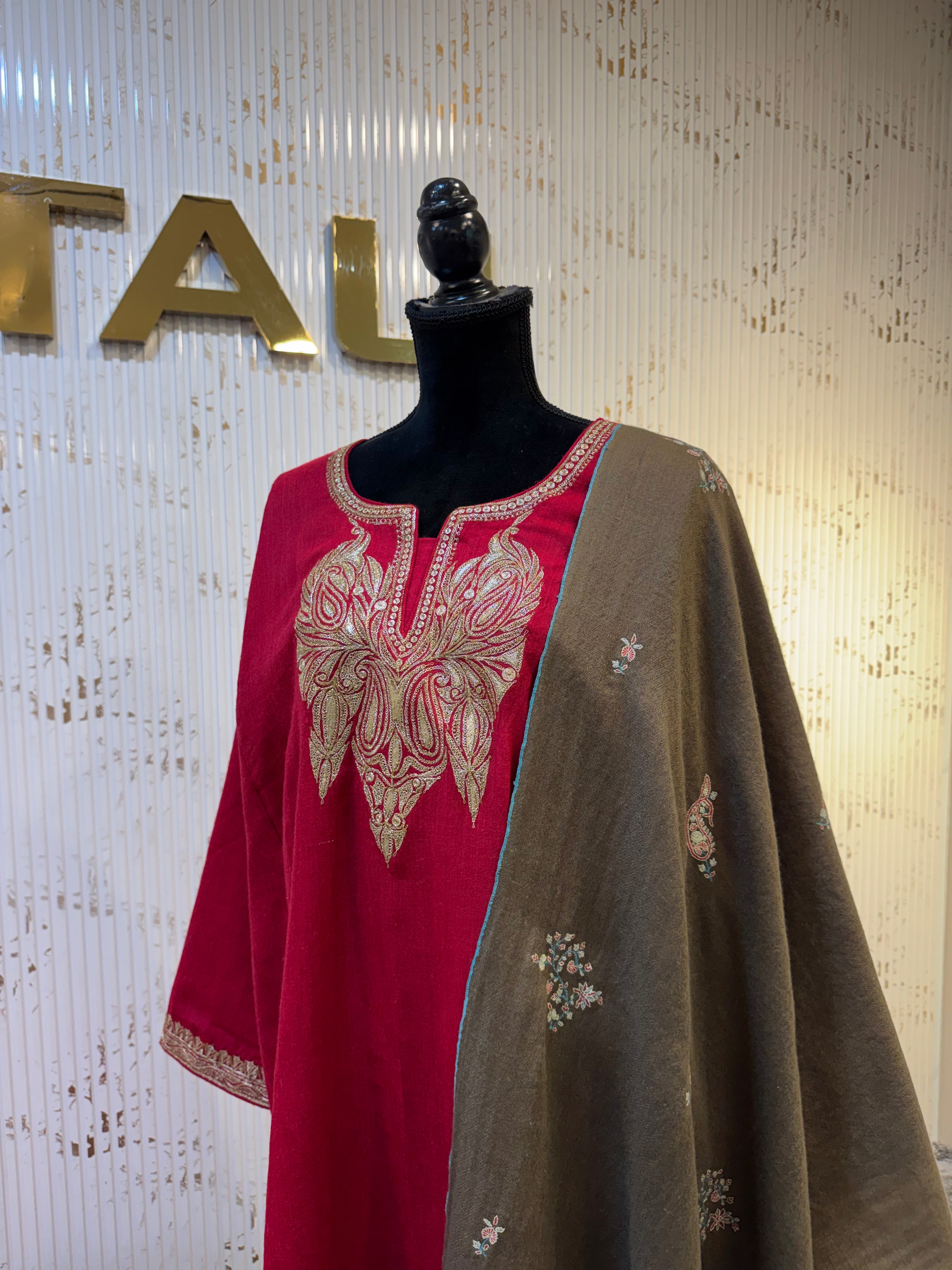 Crimson Red Pashmina Blend 2-Piece Suit with Gold Tilla Work pwb562