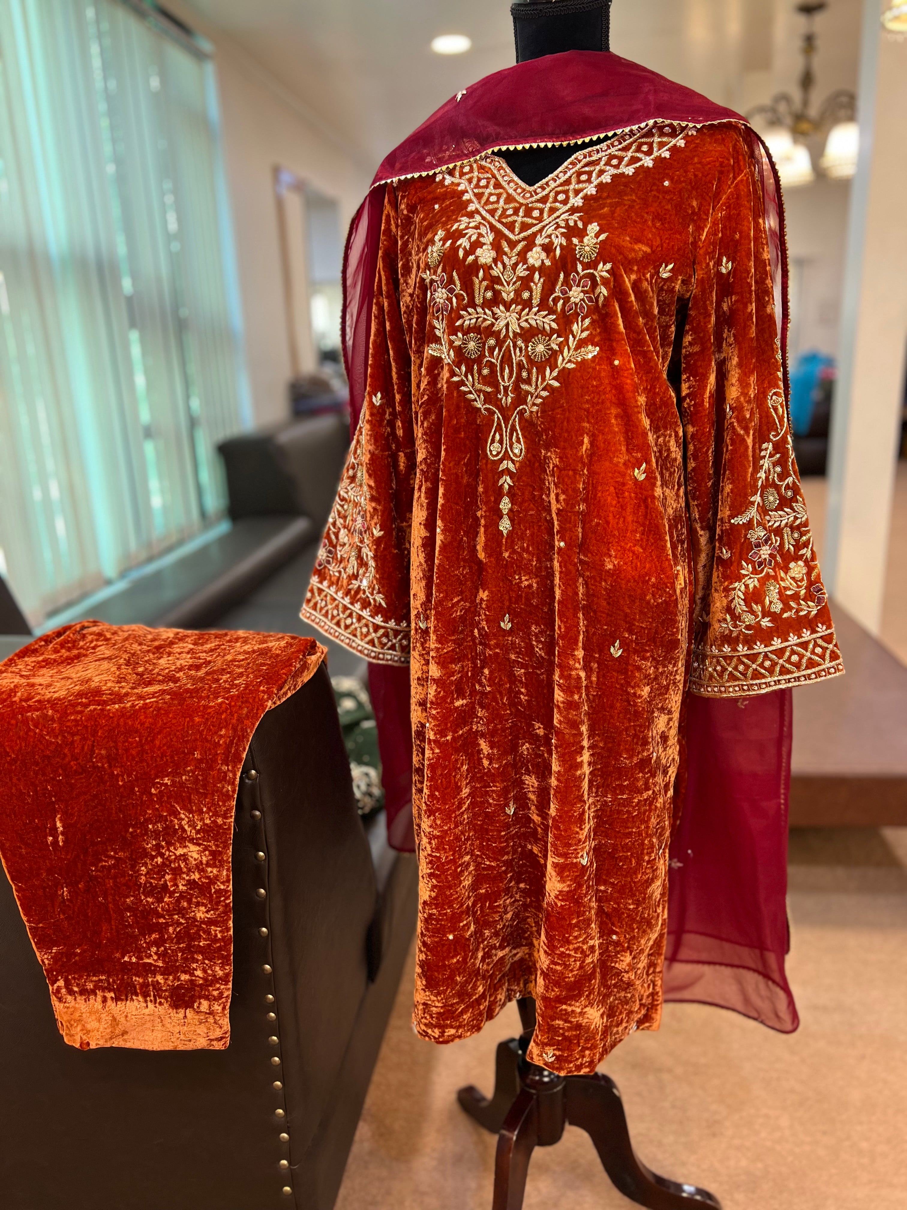 Rust hand embroidered velvet dress