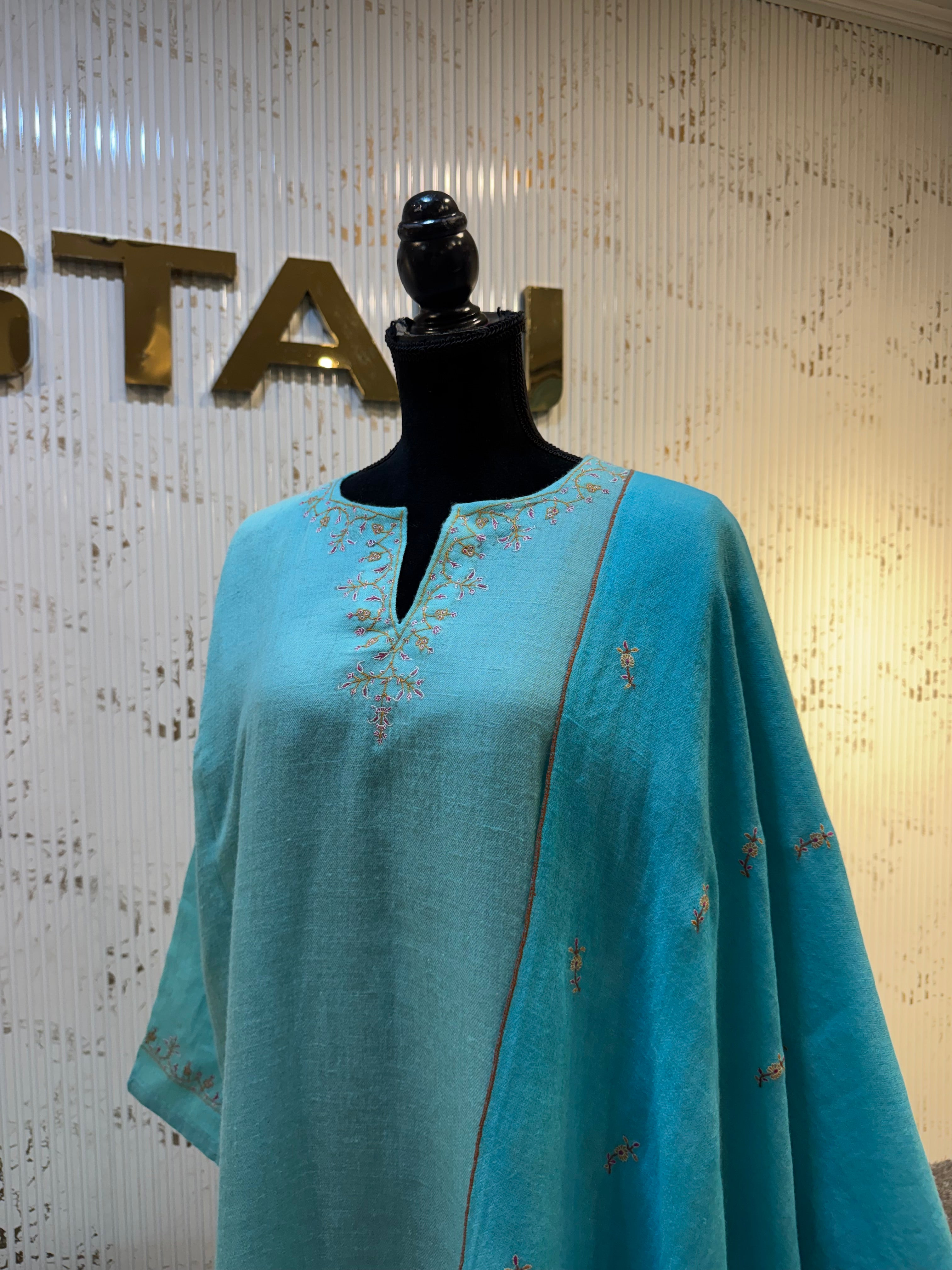 Turquoise Sky Blue Pashmina Blend 2-Piece Suit with Delicate Hand Sozni Embroidery pwb590