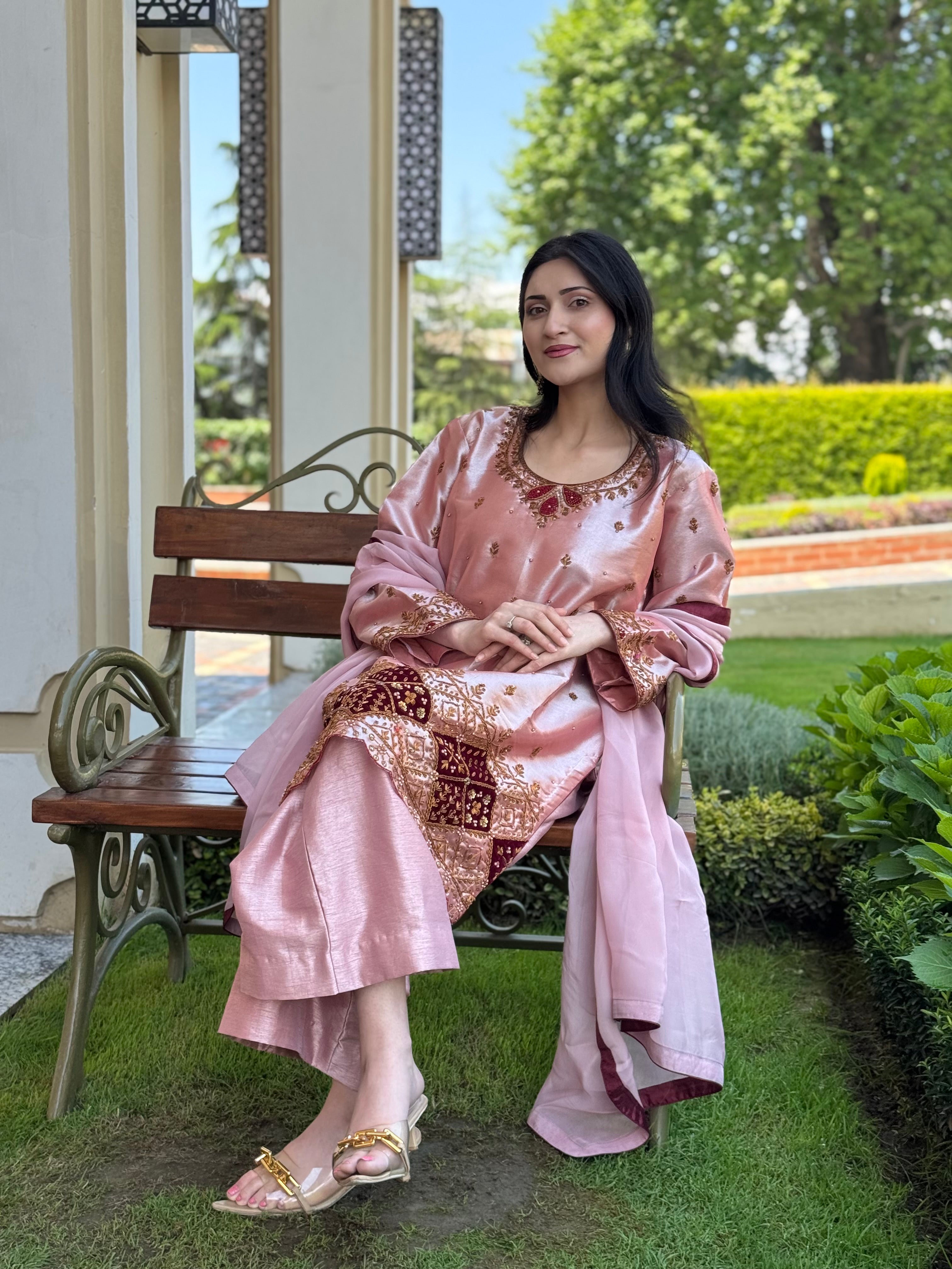 Rose Gold Tissue Organza Handwork Kurta Set pbks143