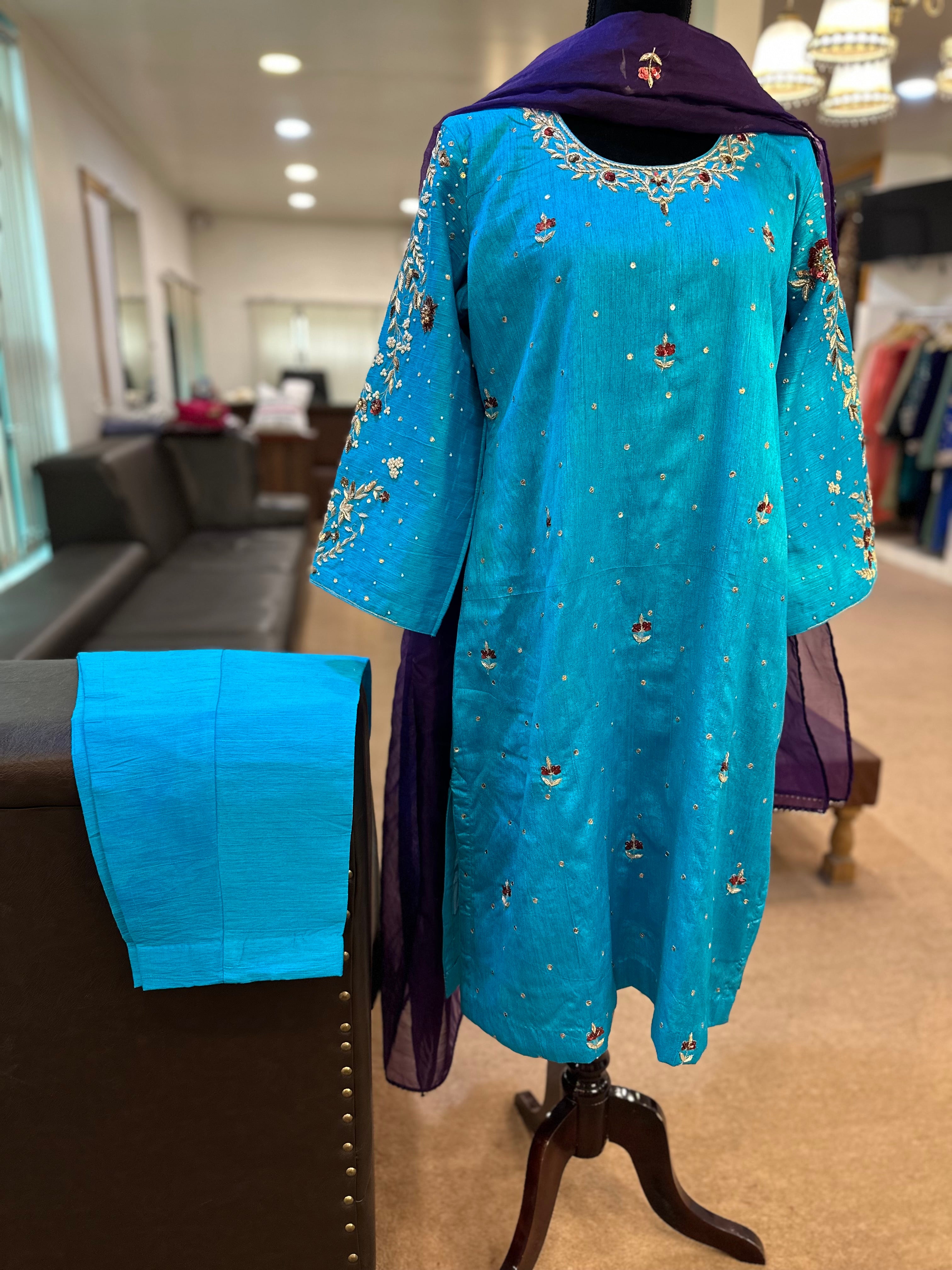 Handembroidered 3 piece blue dress