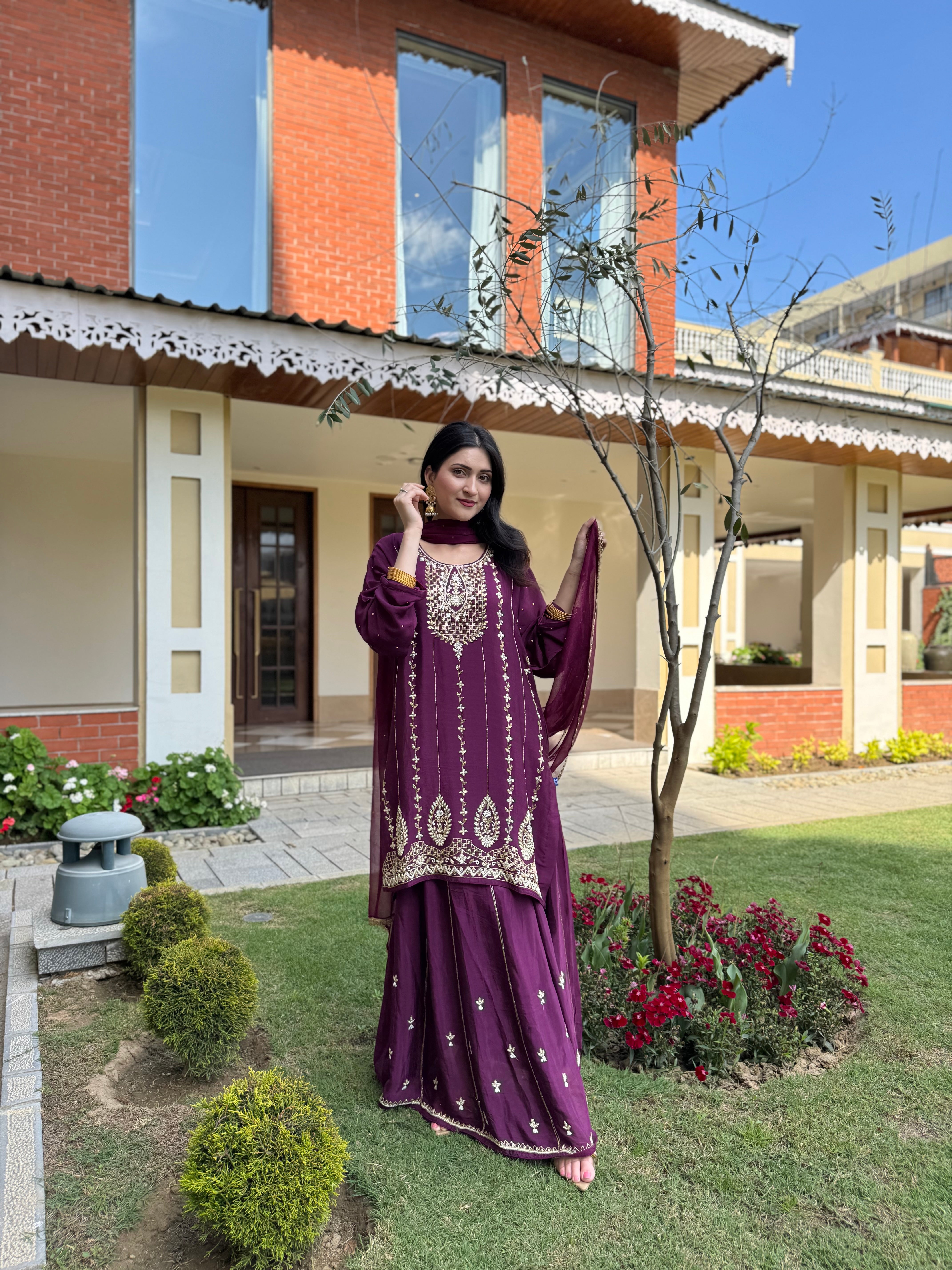 Deep Plum Georgette Handwork Sharara Set pbks142