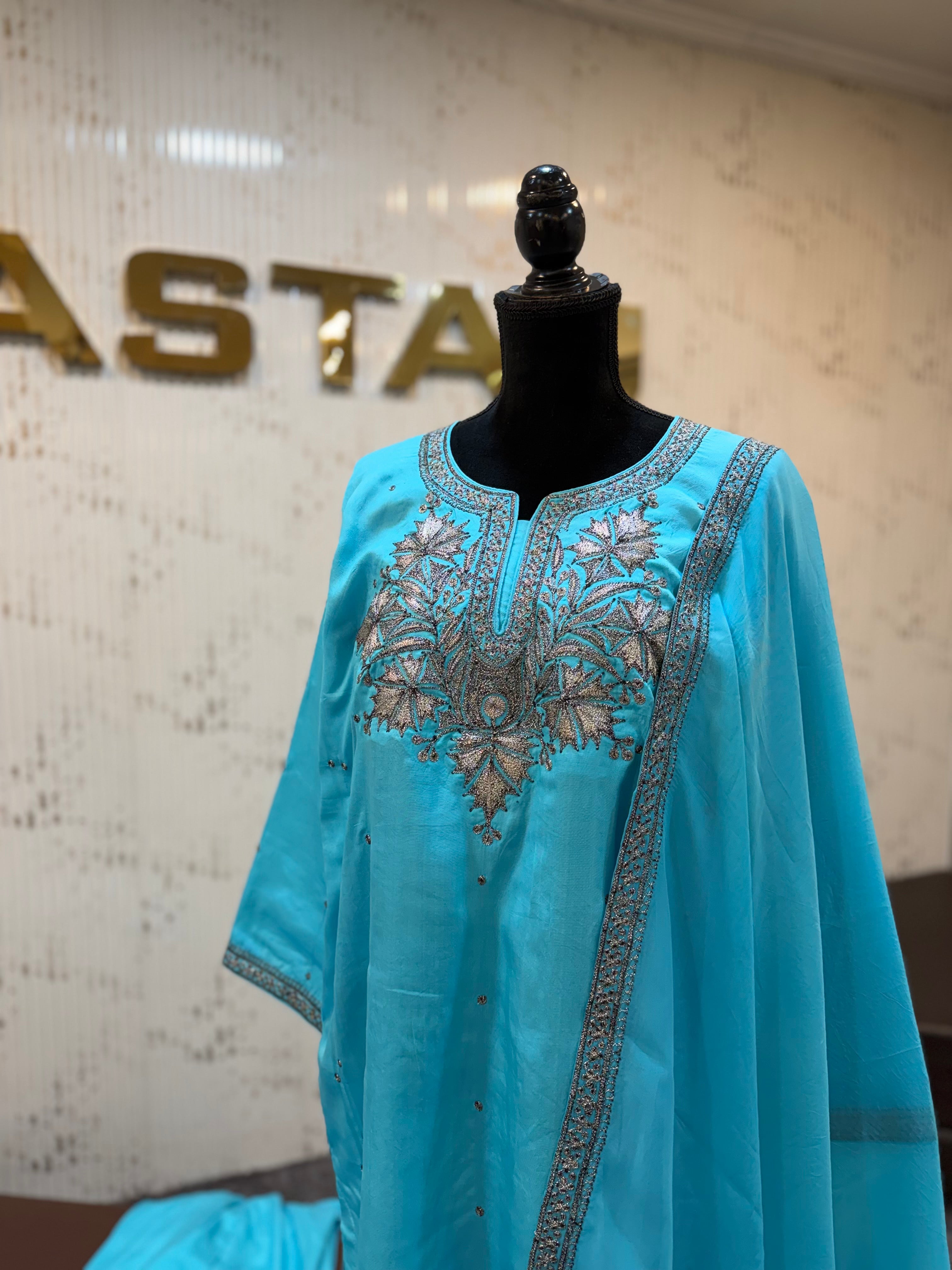 Puresilk 3 pc pheran set blue