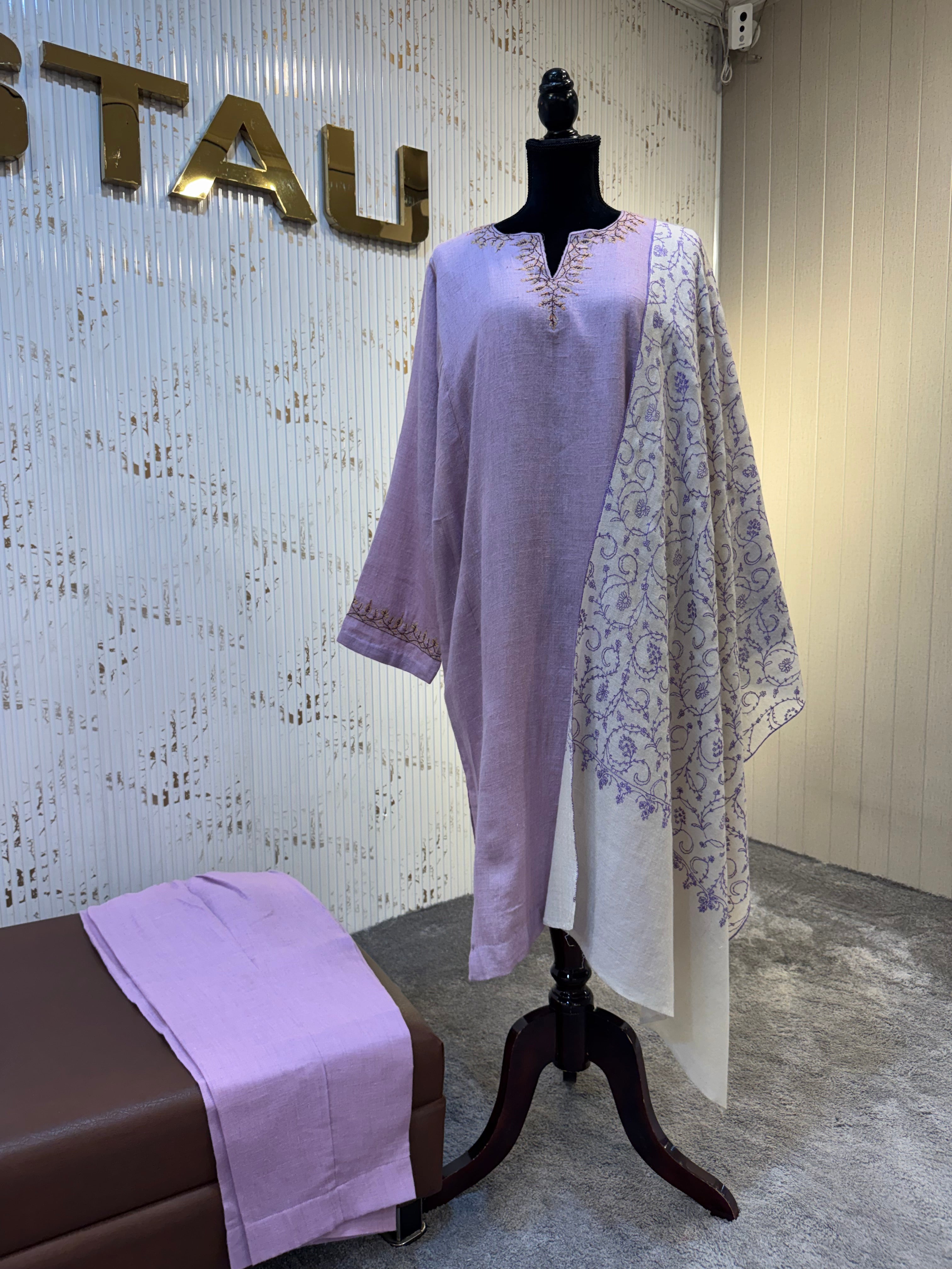 Lilac Lavender Pashmina Blend 2-Piece Suit with Fine Hand Sozni Work pwb568