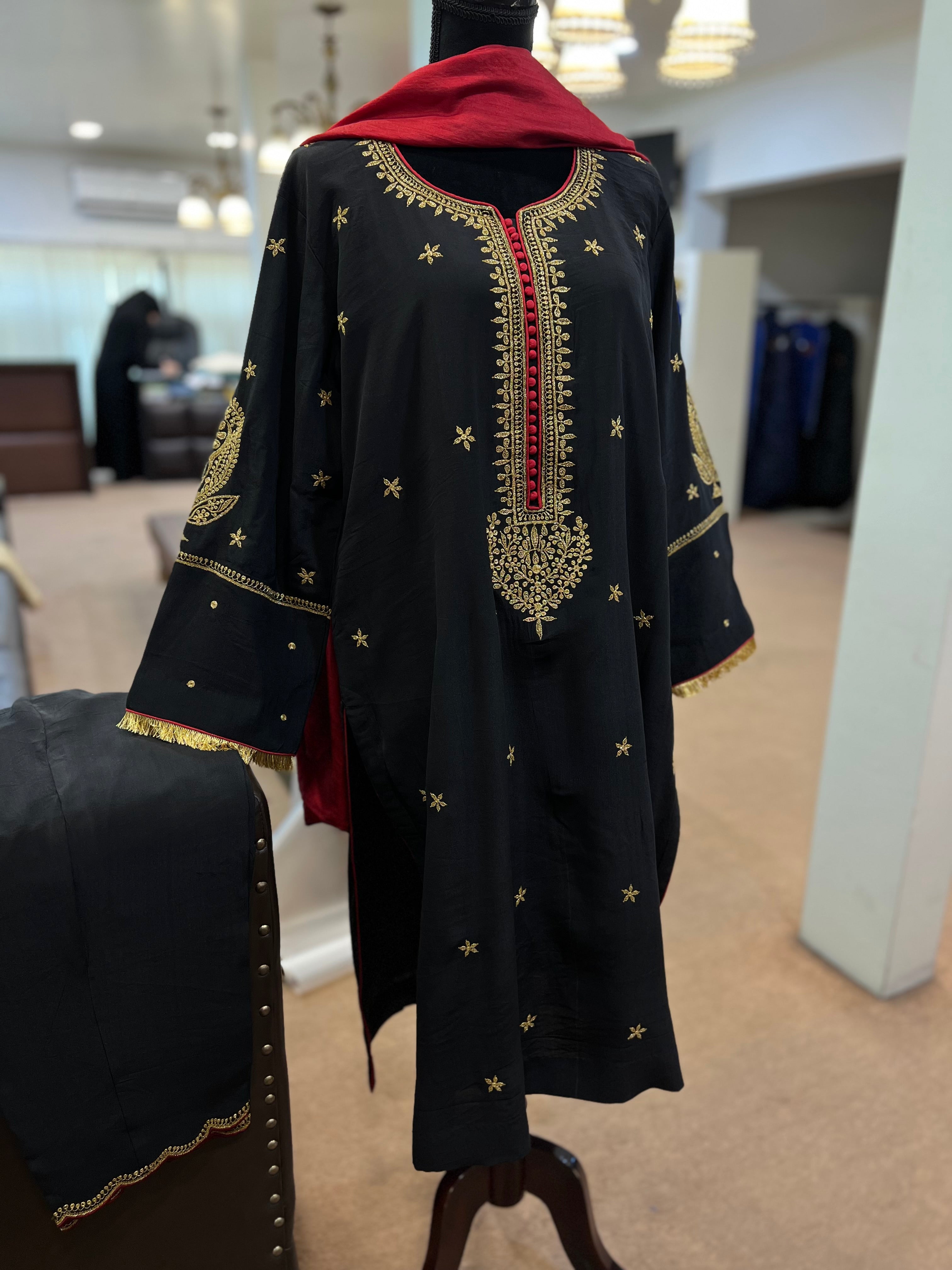 Pure crepe black and maroon kurta set 3pc stitched