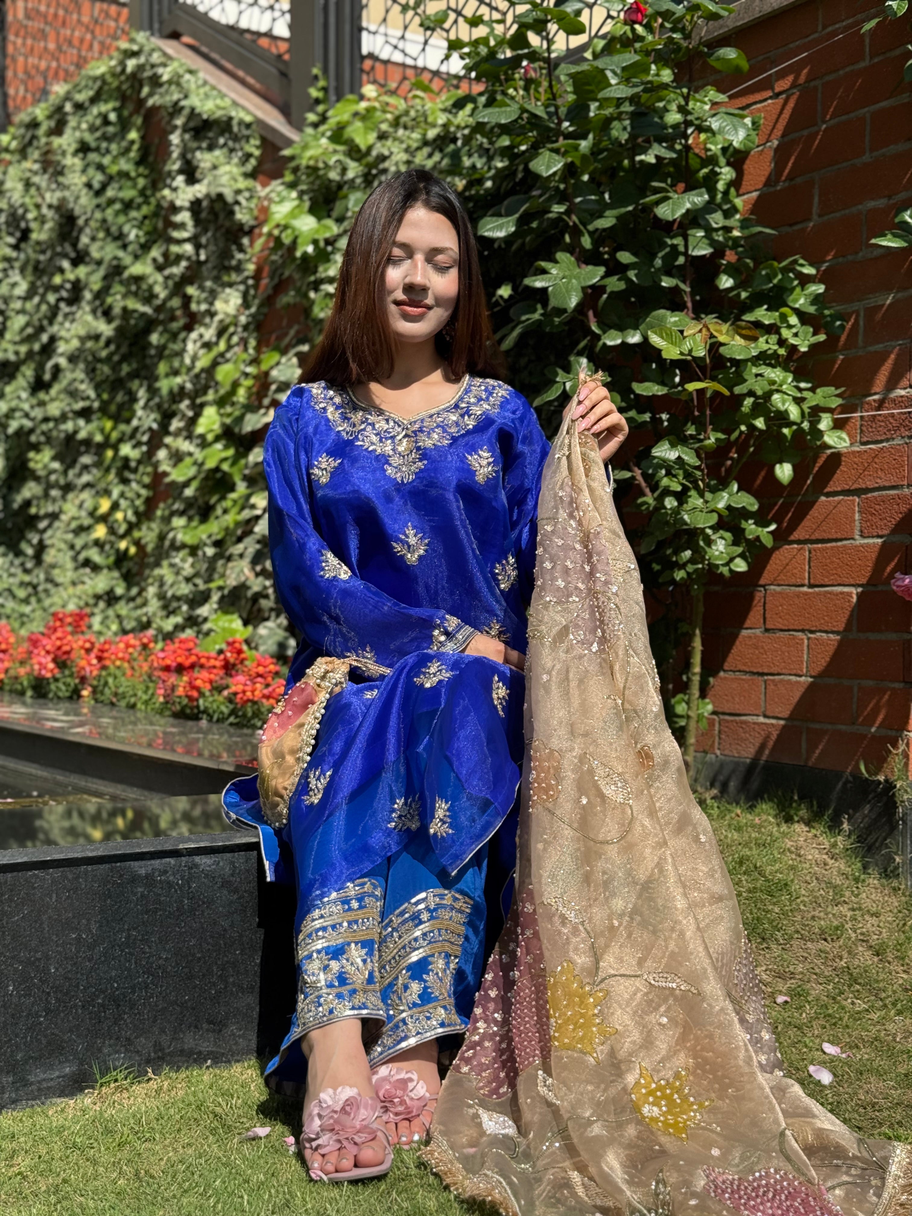 Royal Blue Shimmer Organza Handwork Kurta Set pbks148
