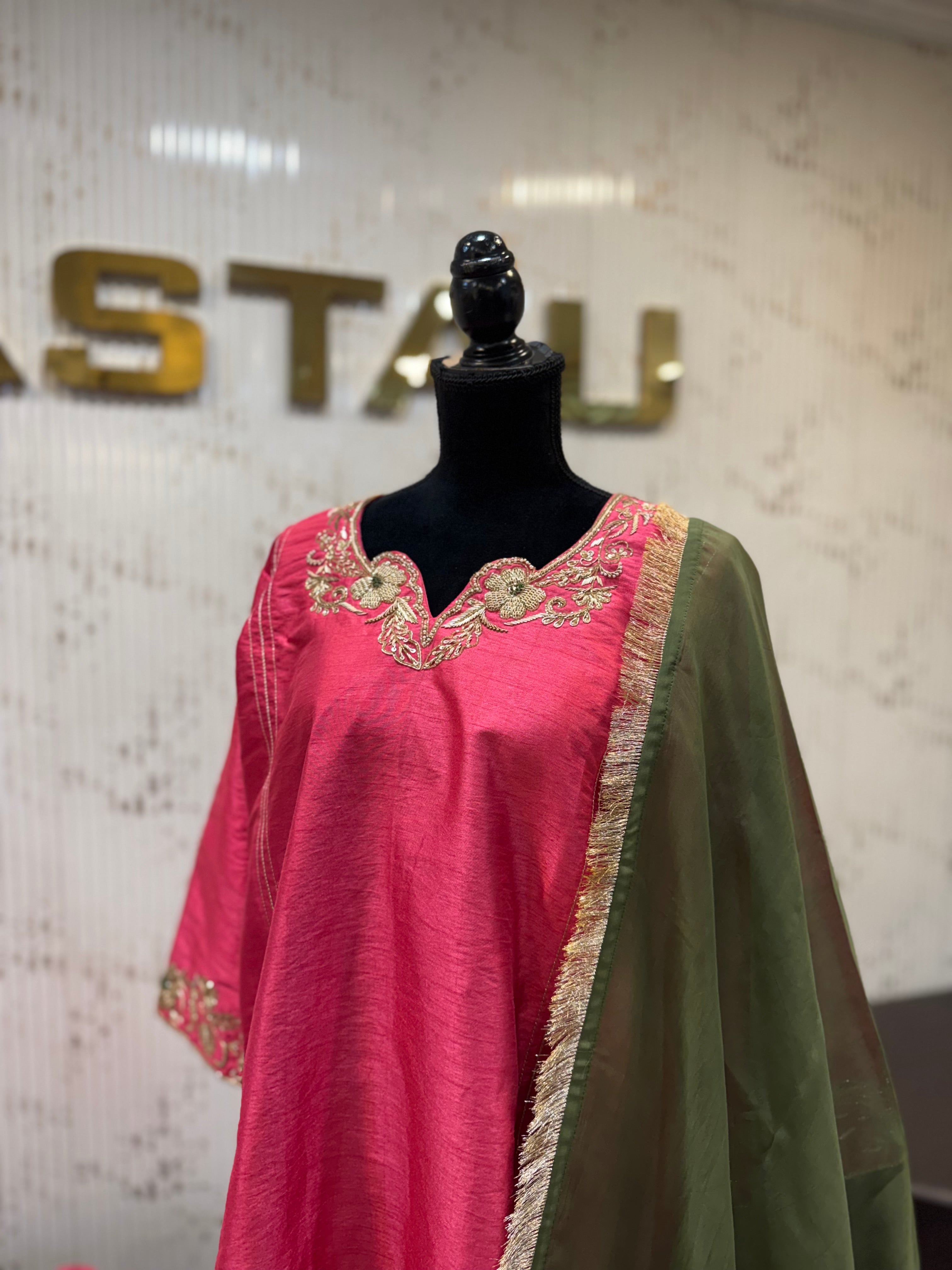 Rose Pink Raw Silk Suit with Olive Organza & Bell Bottoms