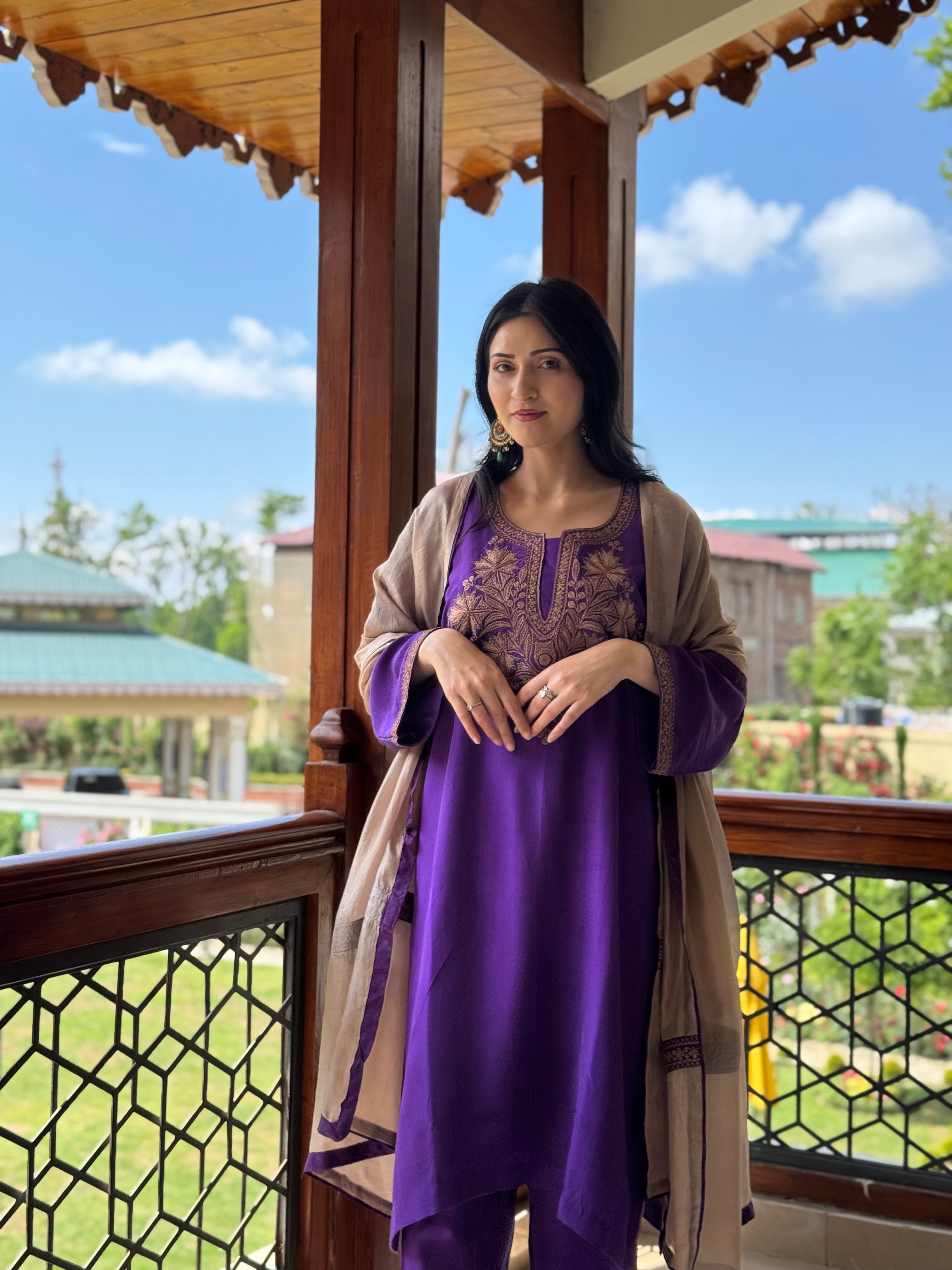 Purple Mulberry Pure Silk Doave Work Kurta Set mtks859