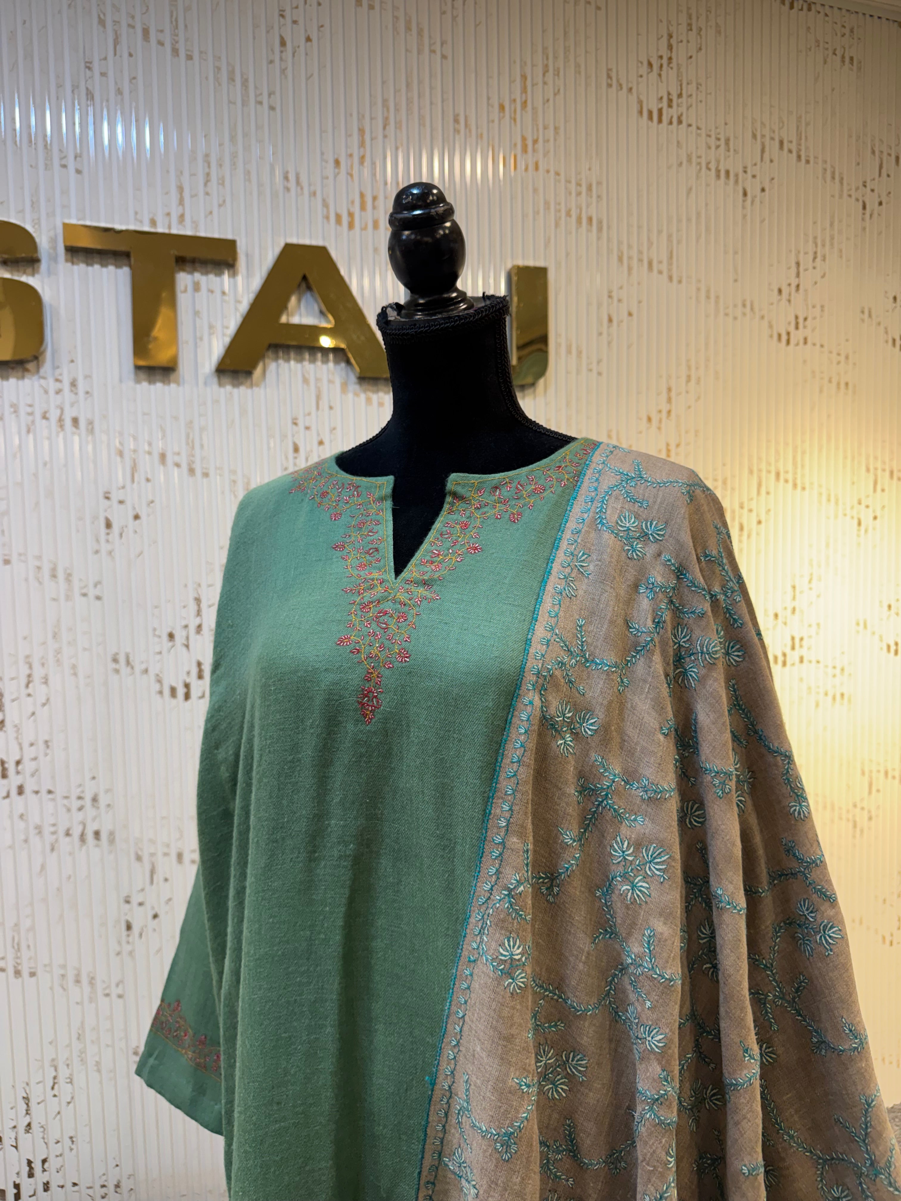 Sage Green Pashmina Blend 2-Piece Suit with Hand Sozni Embroidery pwb588