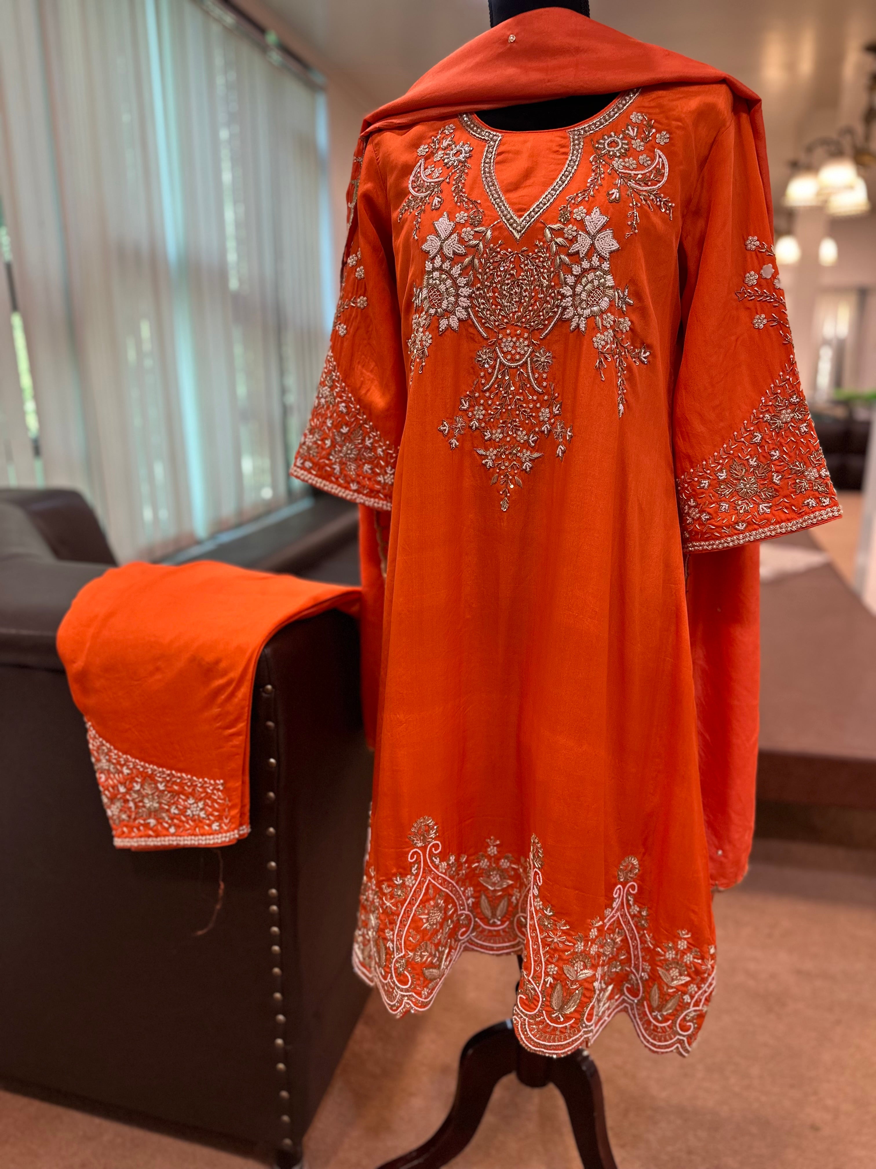 Puresilk handembroidered A line dress