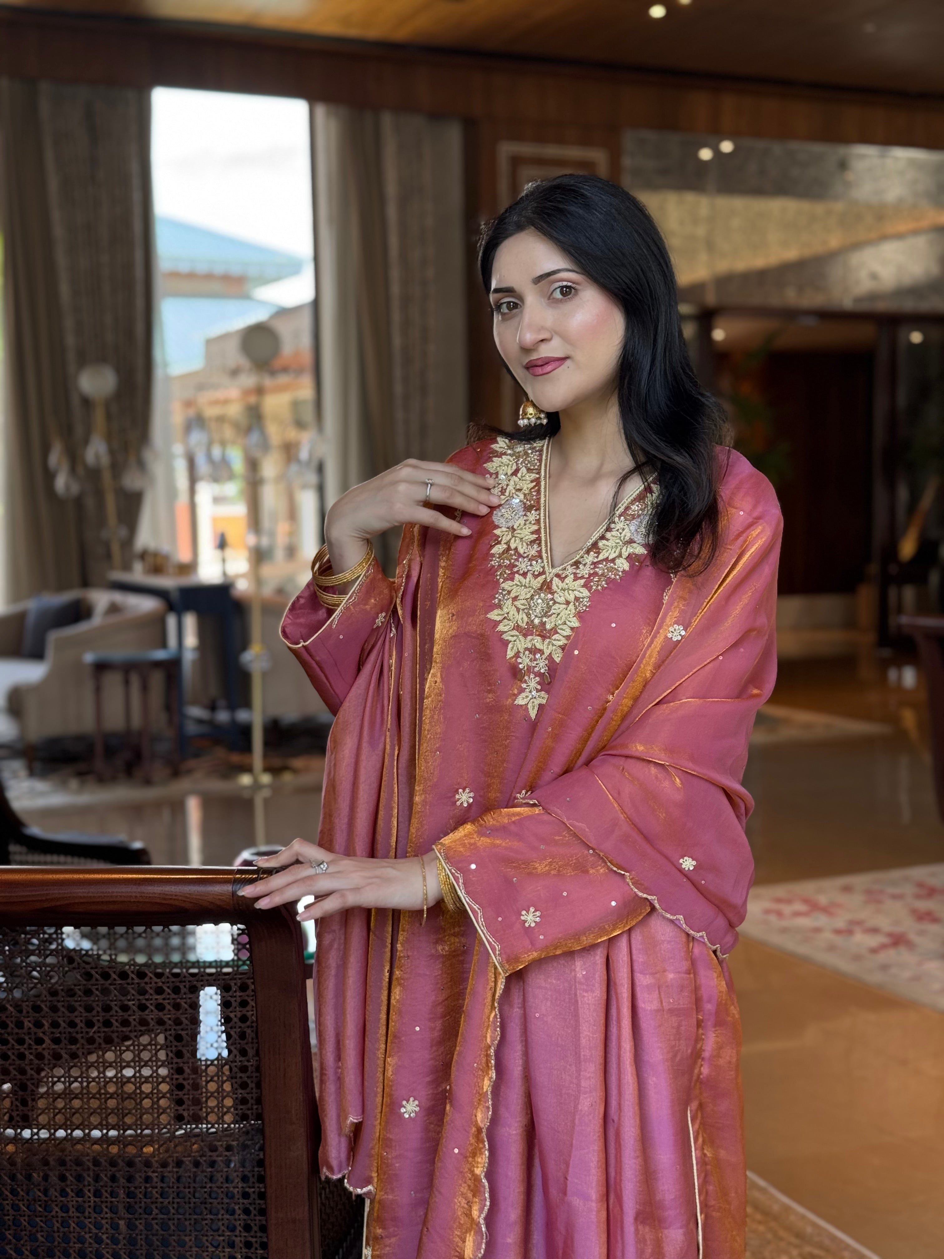 Rust Copper Jimmy Choo Organza Handwork Kurta Set pbks149