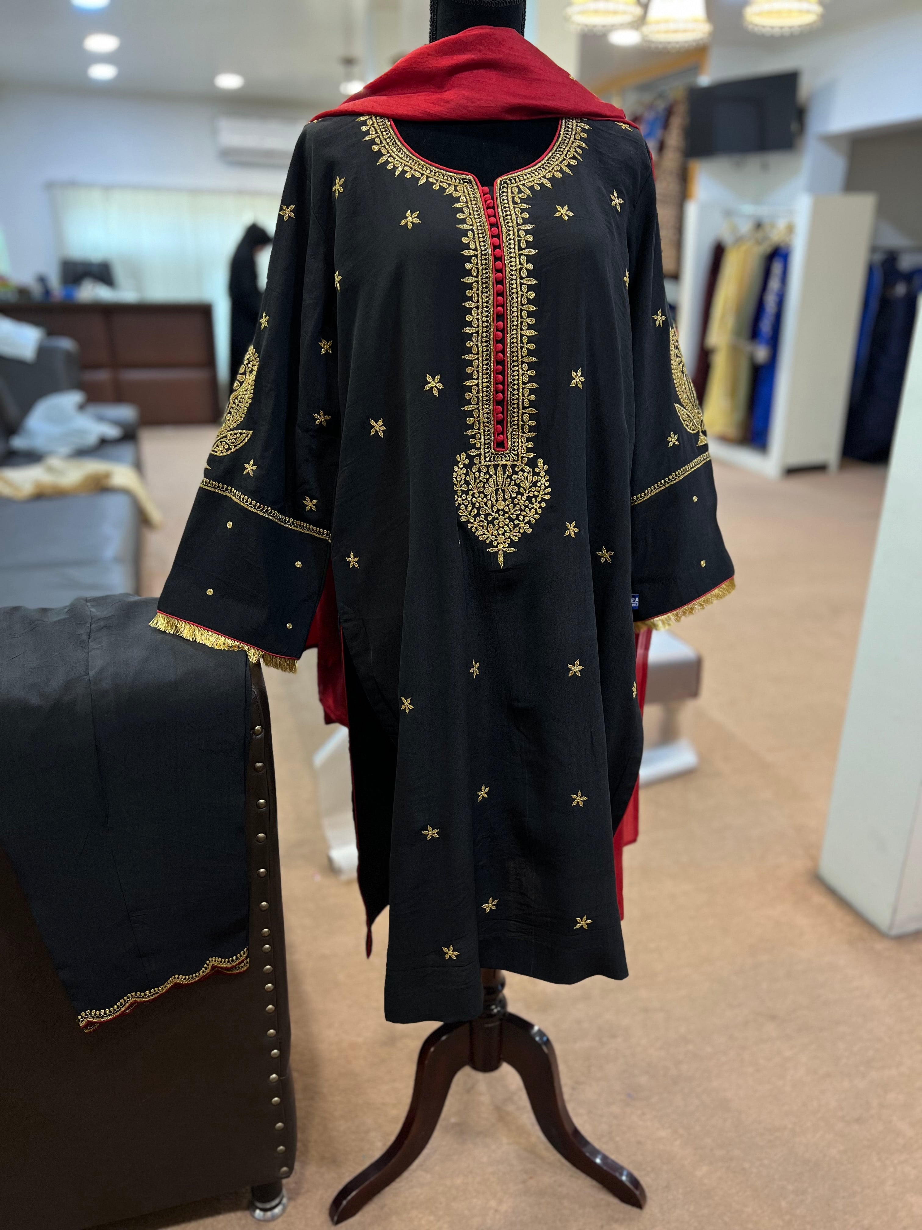 Pure crepe black and maroon kurta set 3pc stitched