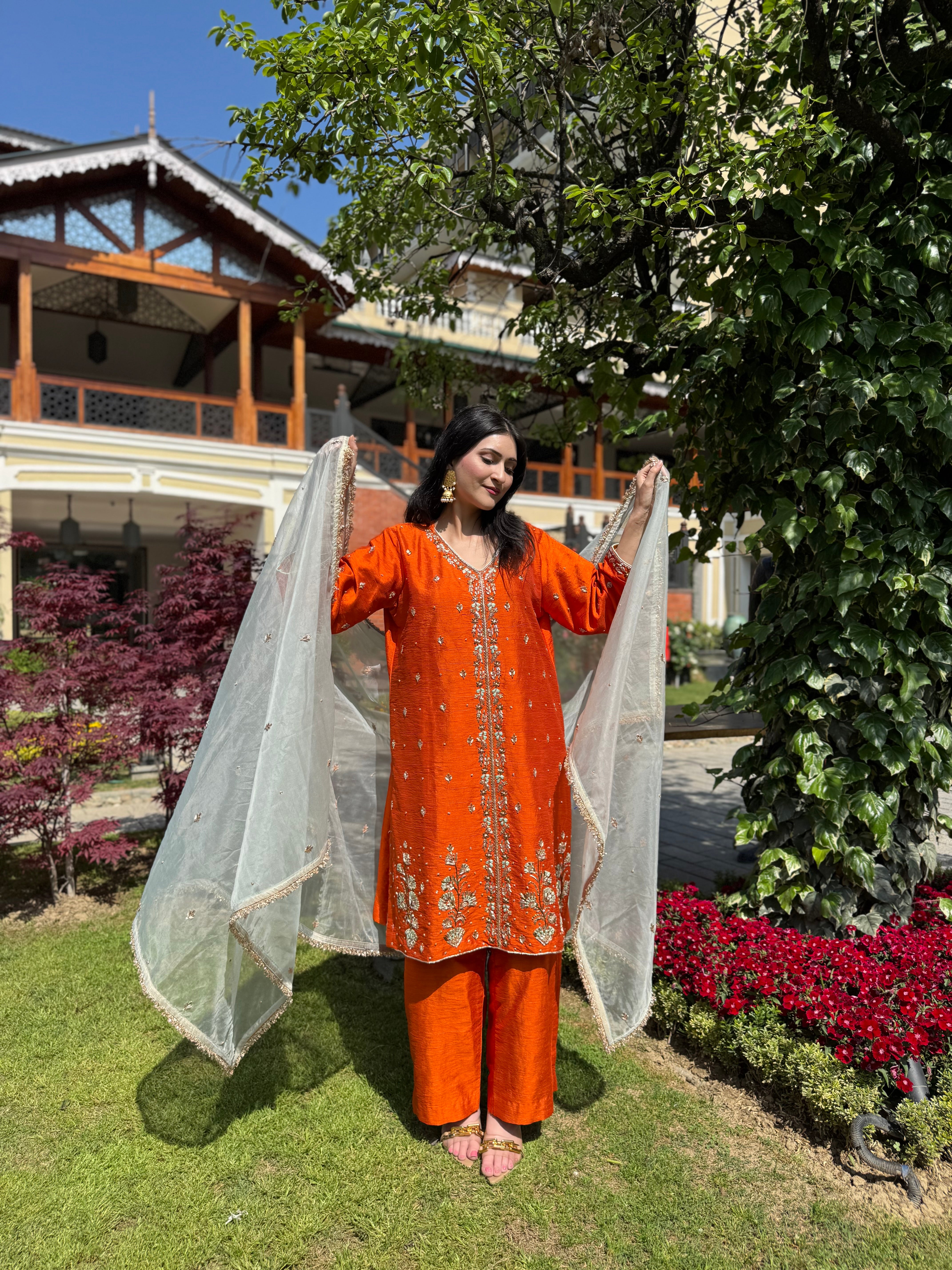 Rust handembroidered kurta set pbks129