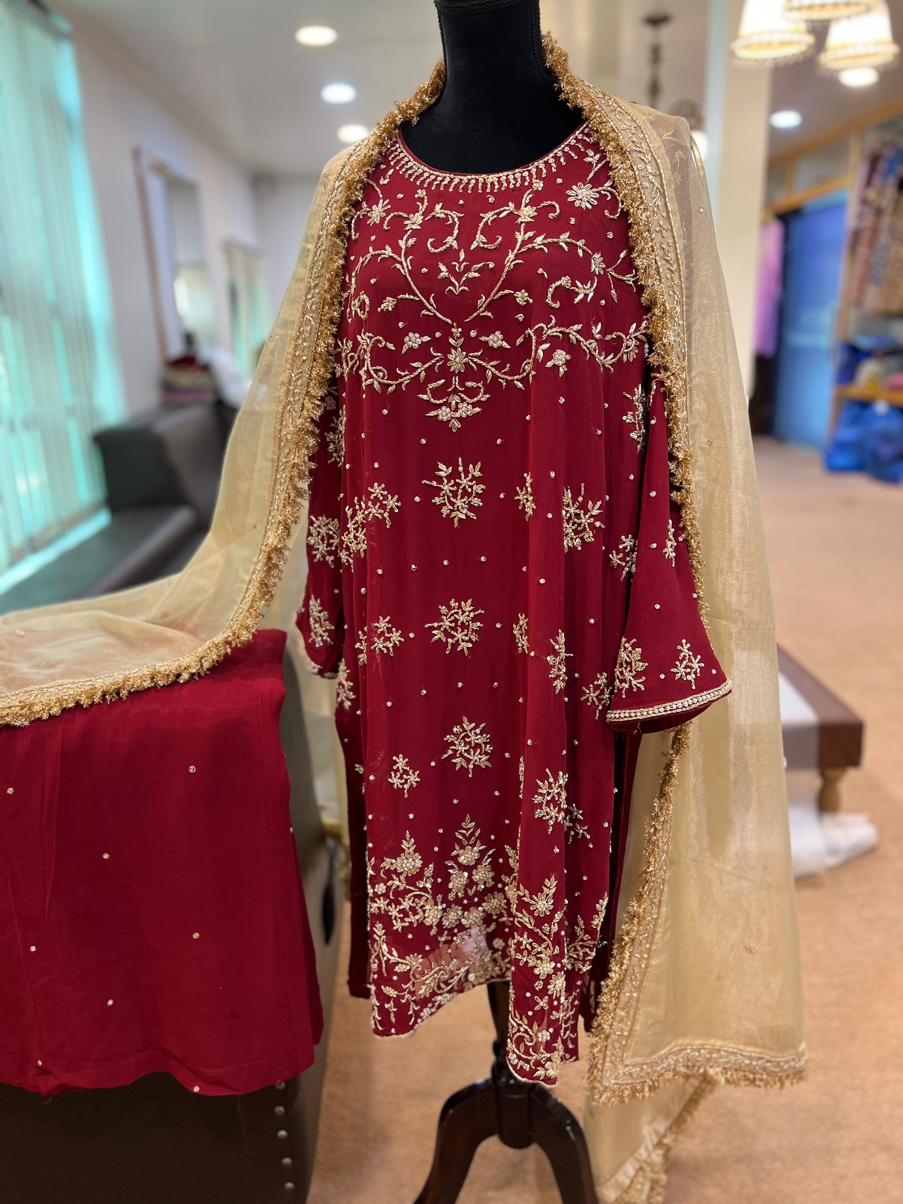 Maroon and golden sharara dress