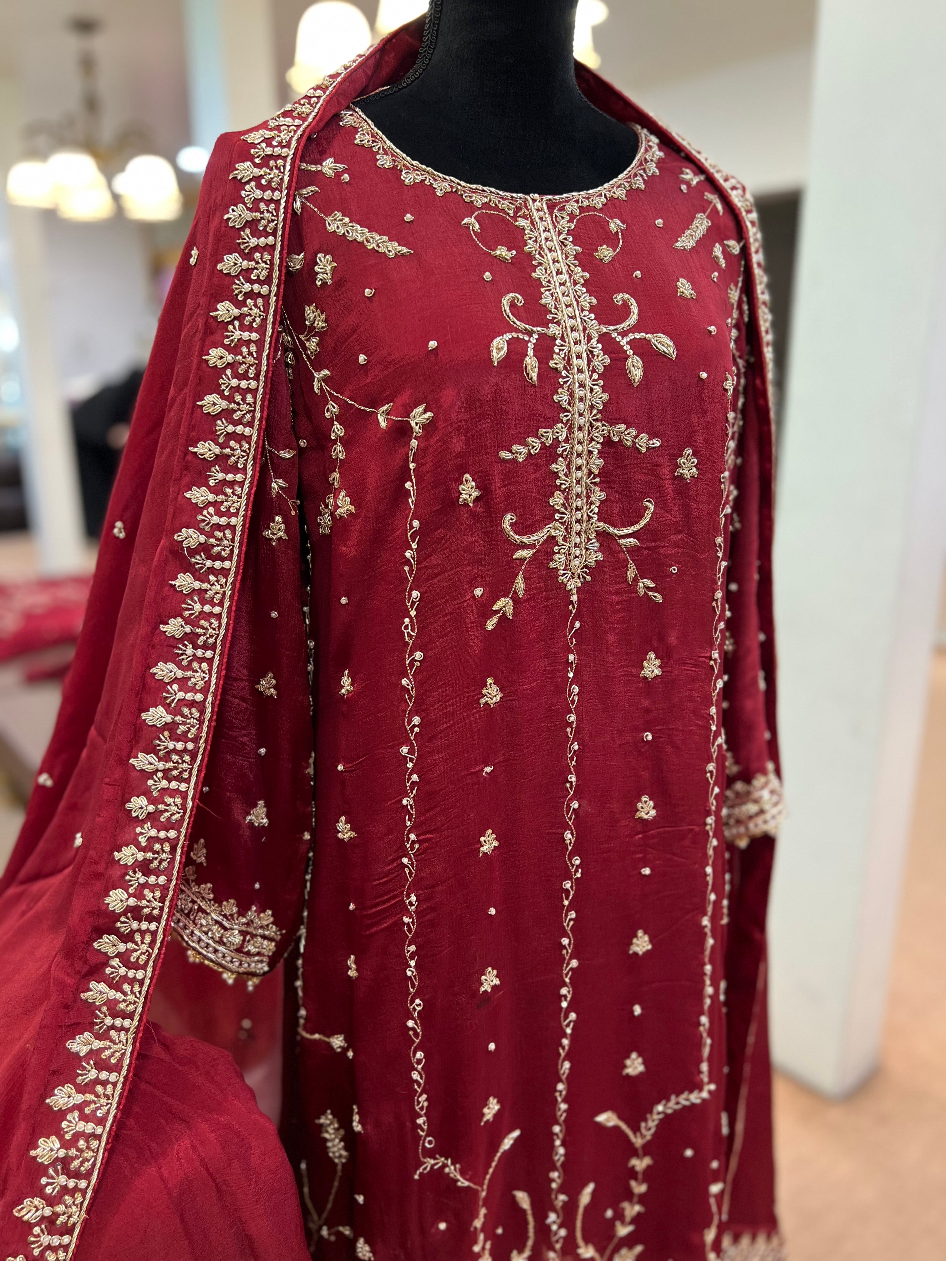 Maroon sharara dress 3pc hand embroidered