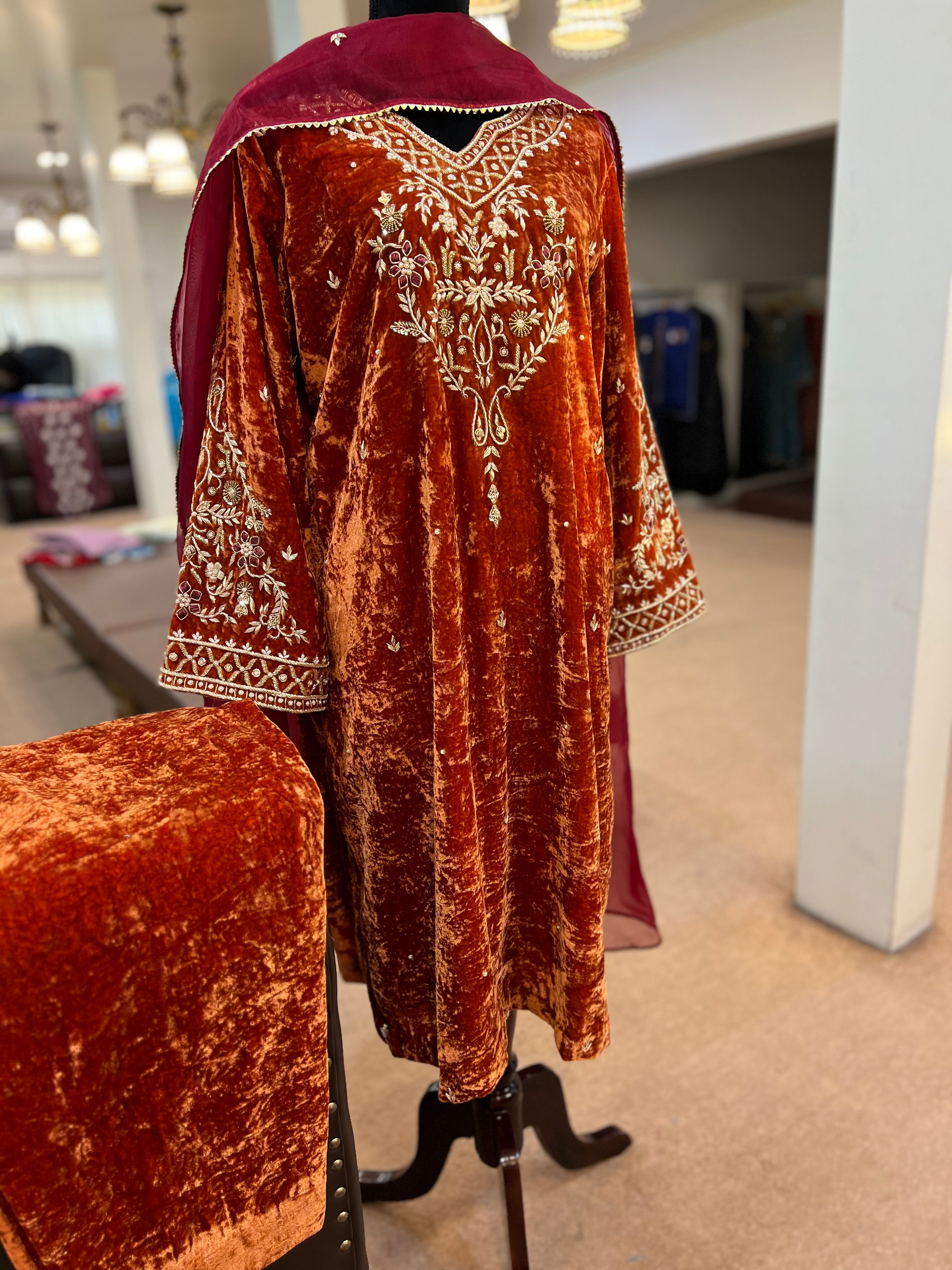 Rust hand embroidered velvet dress
