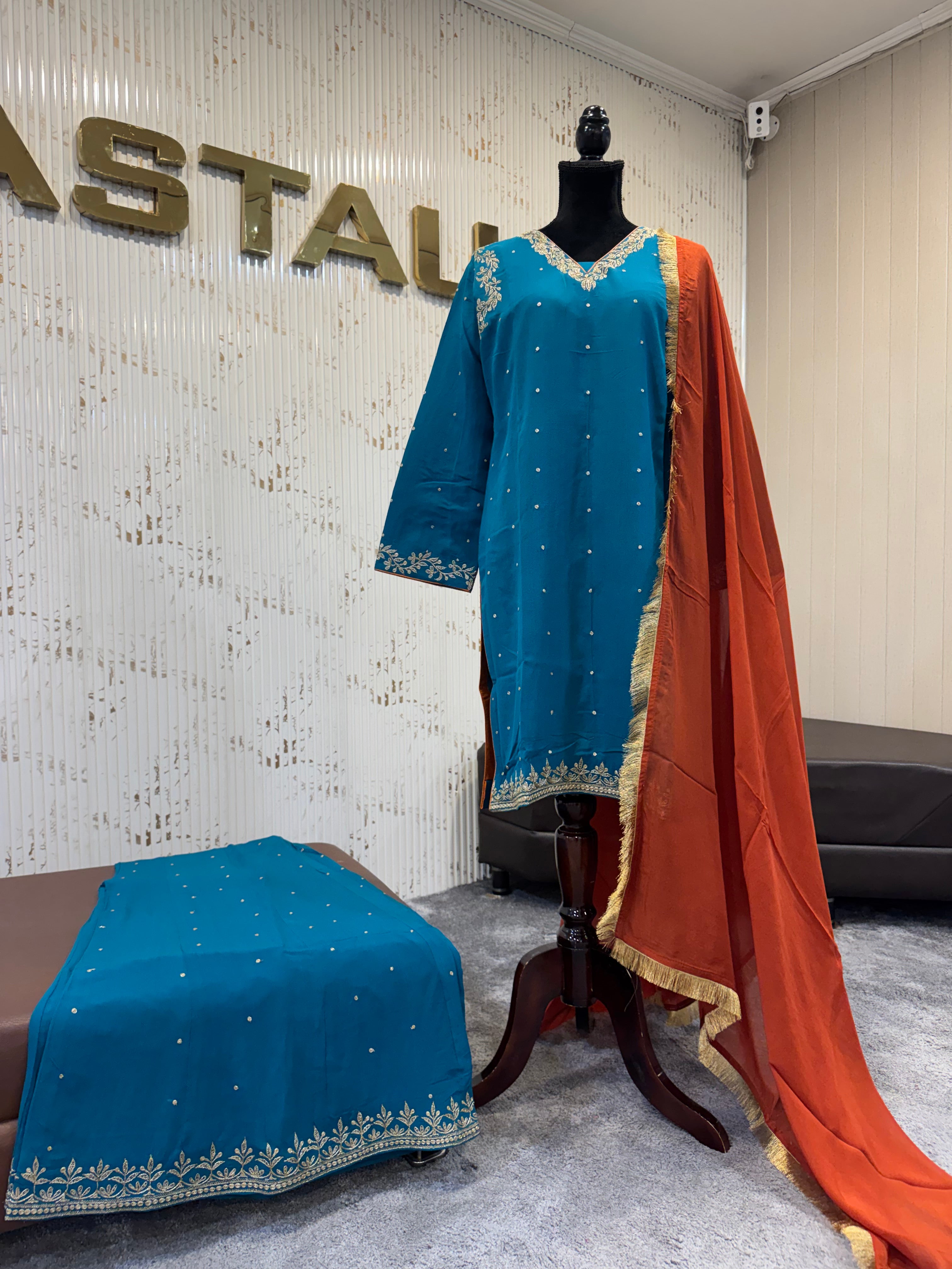 Pure crepe chinnon 3 pc sharara set