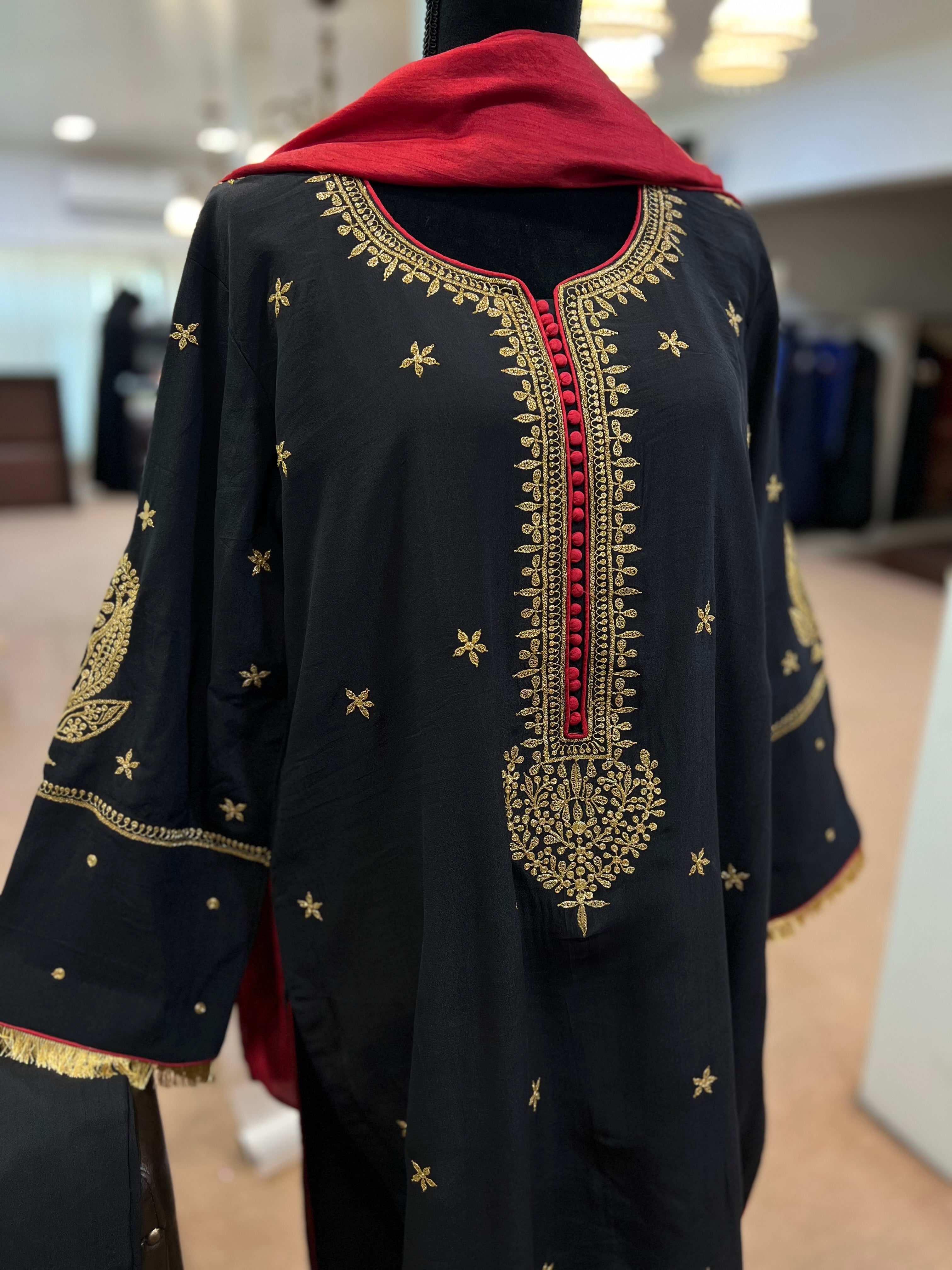 Pure crepe black and maroon kurta set 3pc stitched
