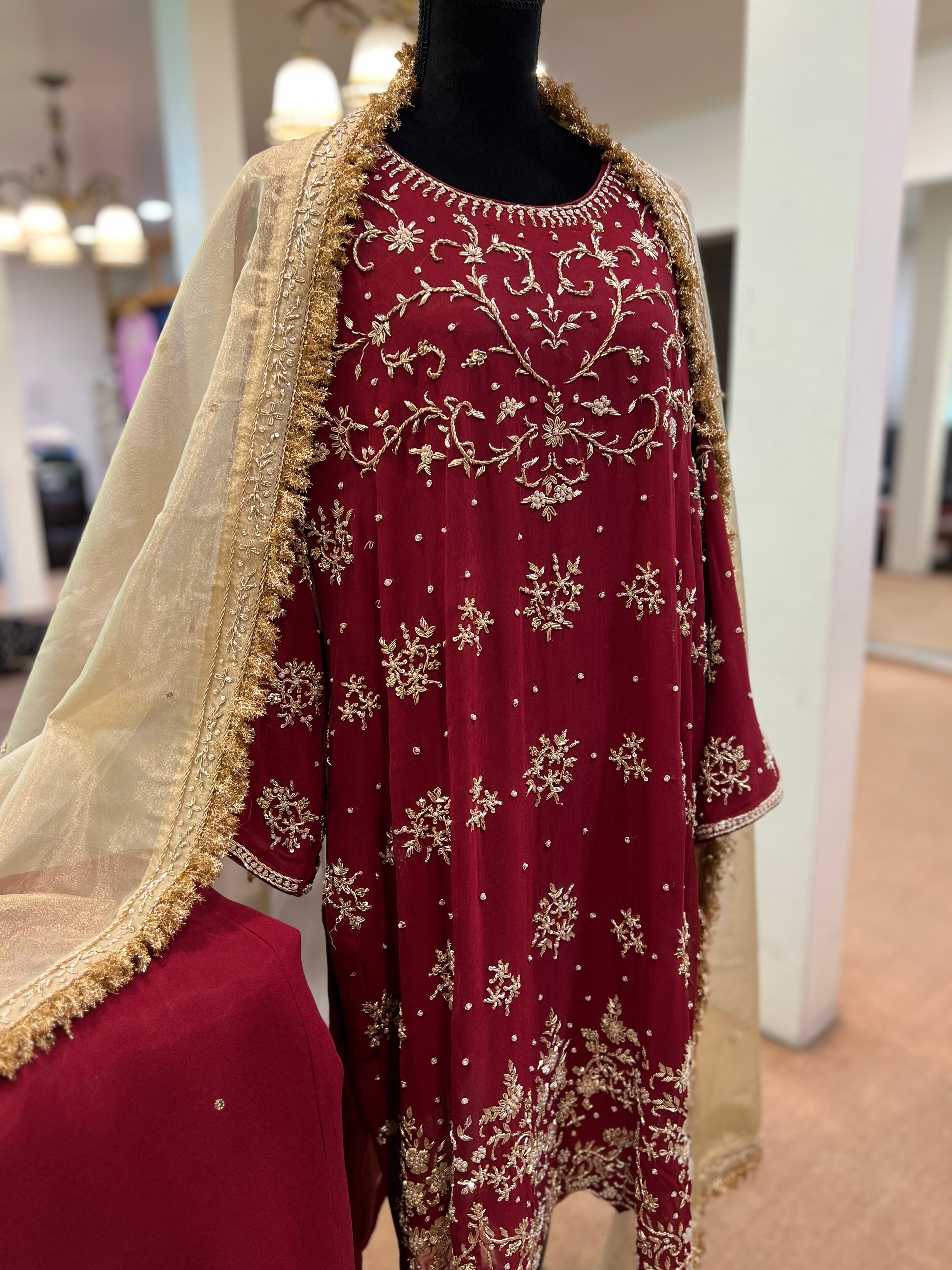 Maroon and golden sharara dress