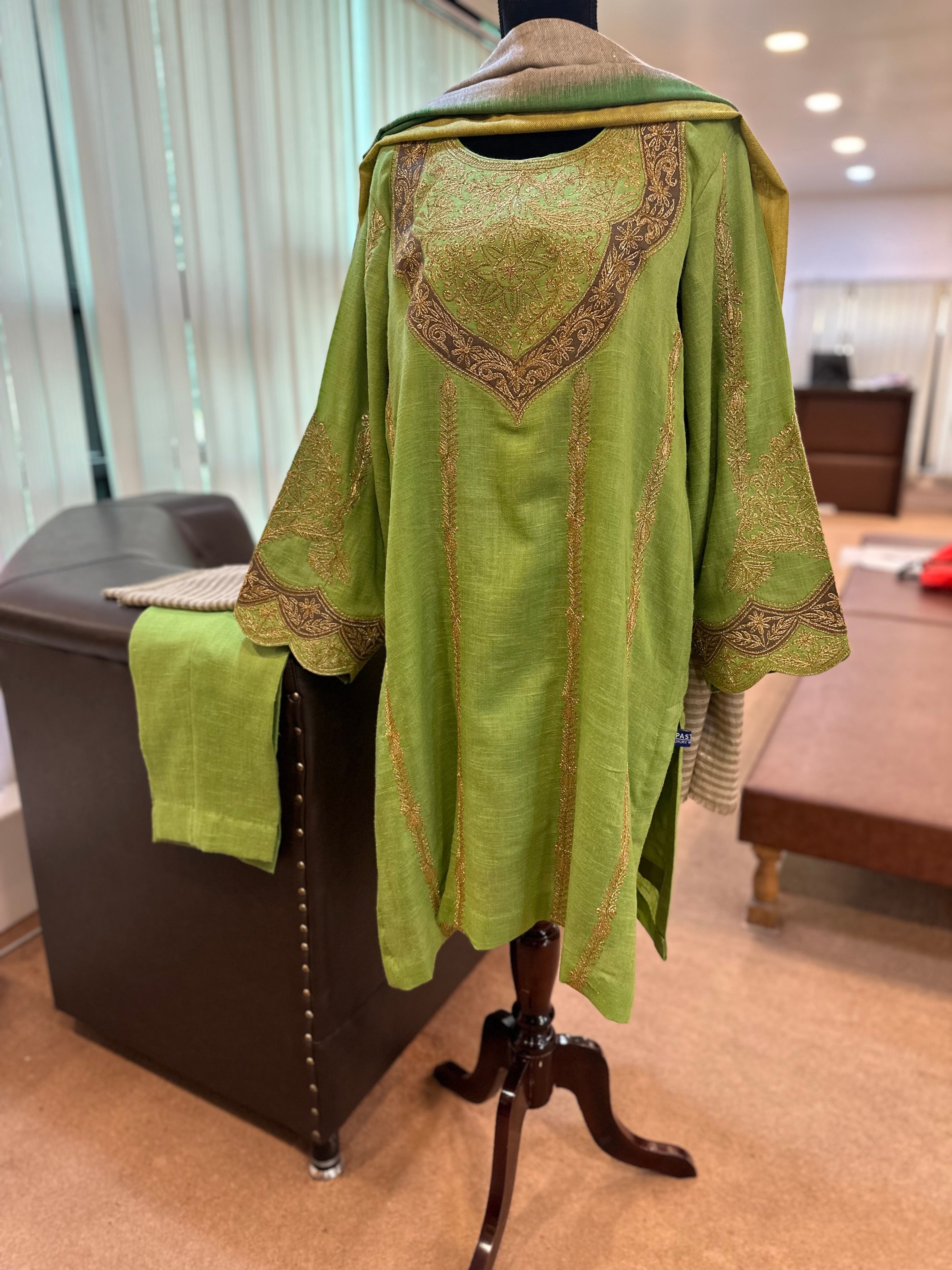 Purepashmina blend 2 piece kurta set green pwb466