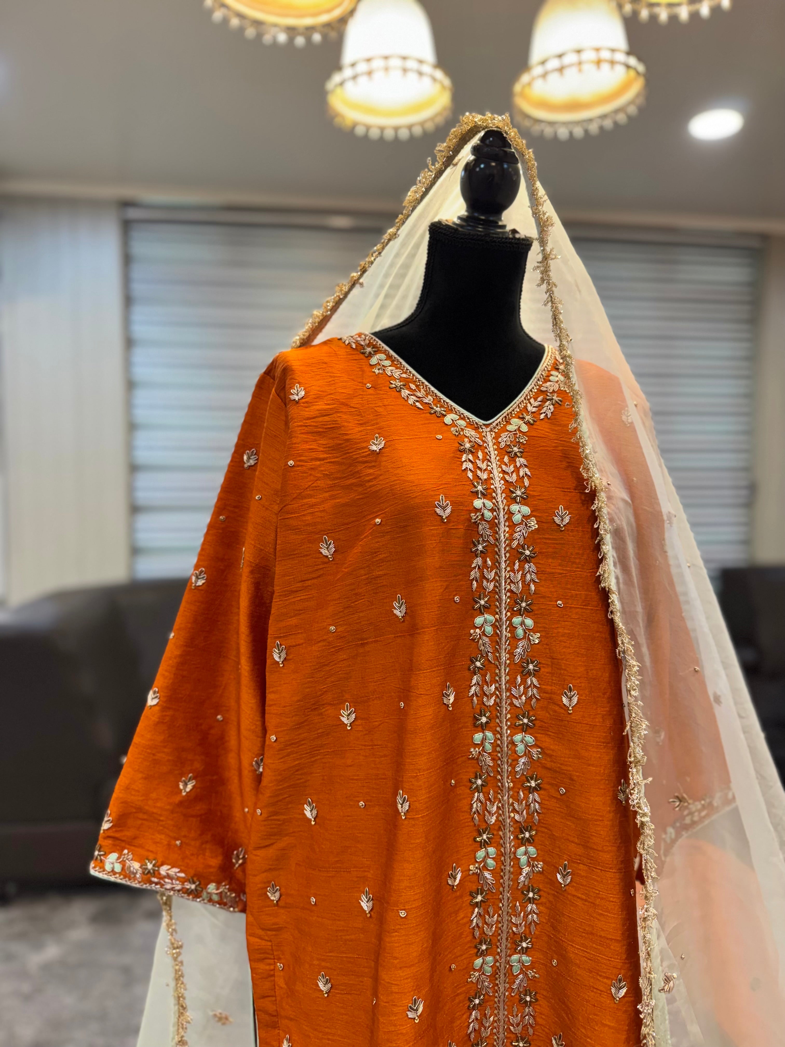 Rust handembroidered kurta set pbks129