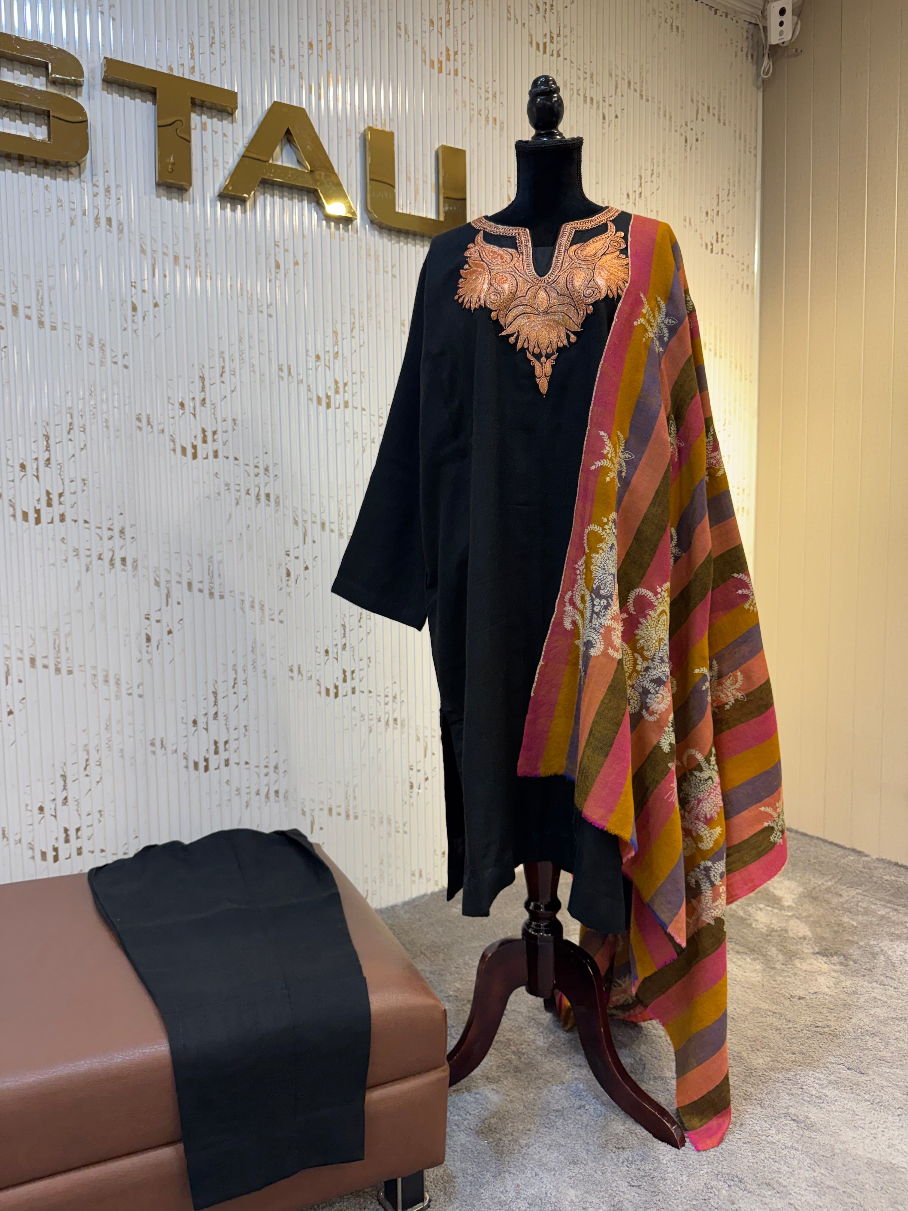 Black Pashmina Blend 2-Piece Suit with Silver Hand Tilla pwb563