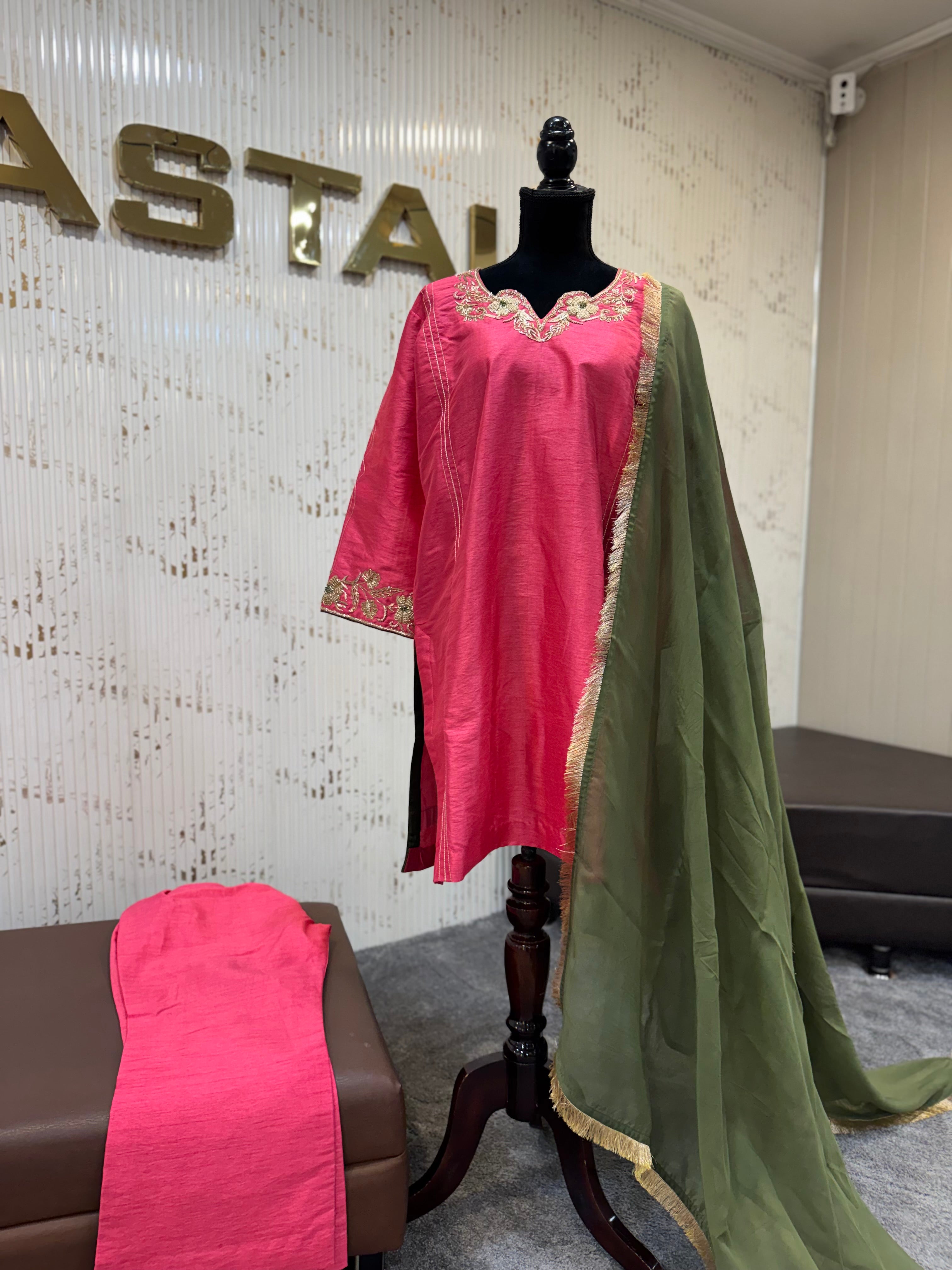 Rose Pink Raw Silk Suit with Olive Organza & Bell Bottoms