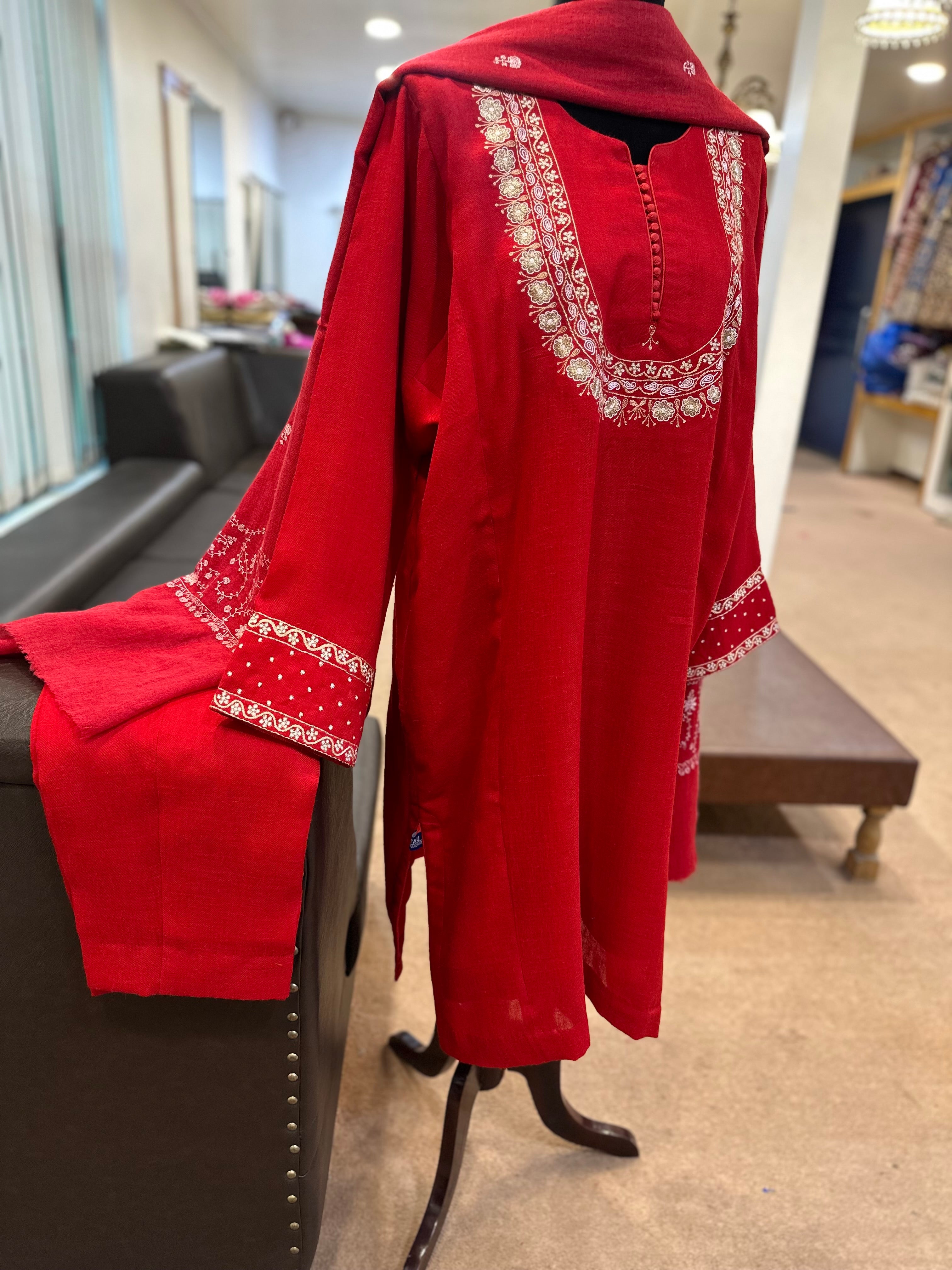 Red Purepashmina blend pheran set pwb459