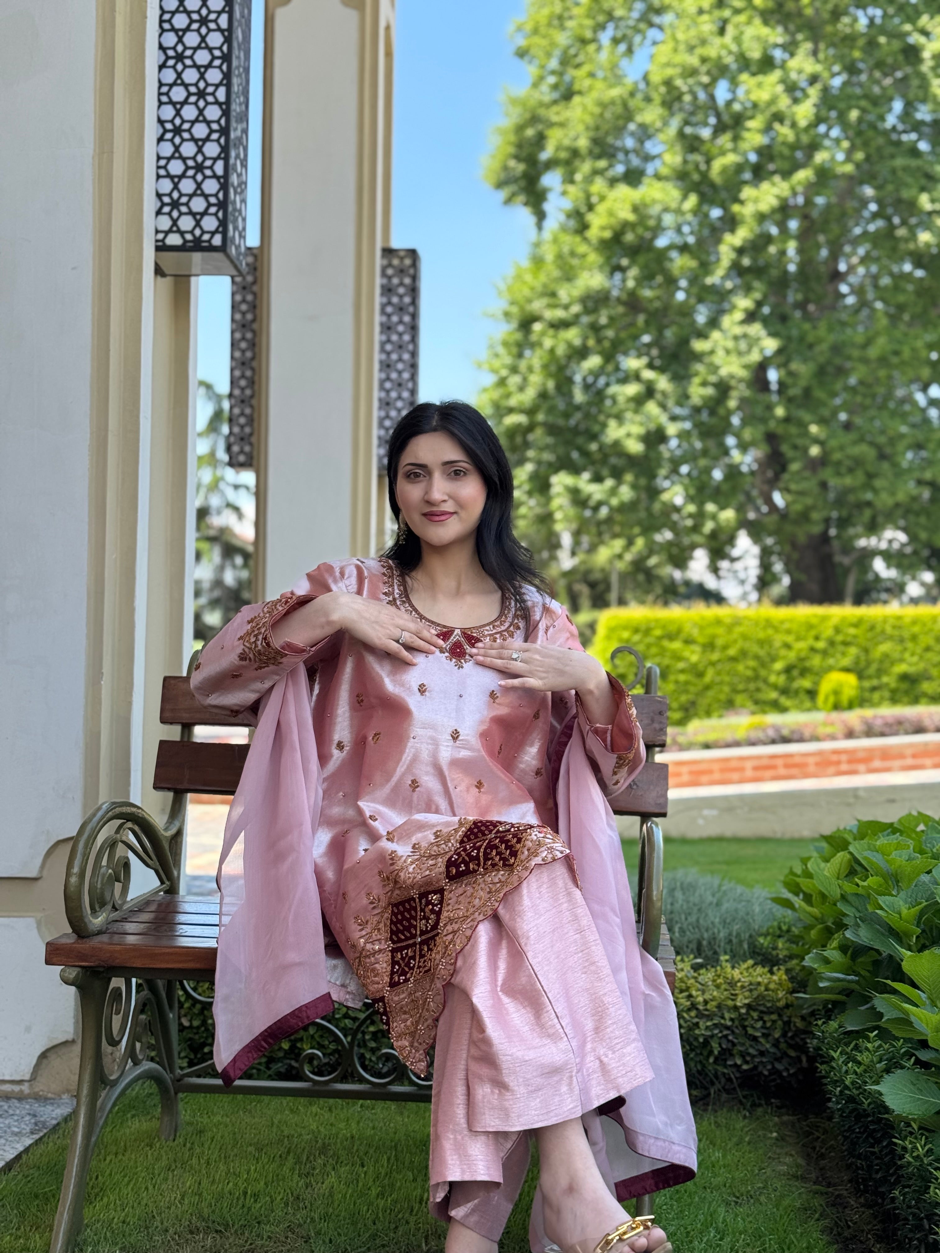 Rose Gold Tissue Organza Handwork Kurta Set pbks143