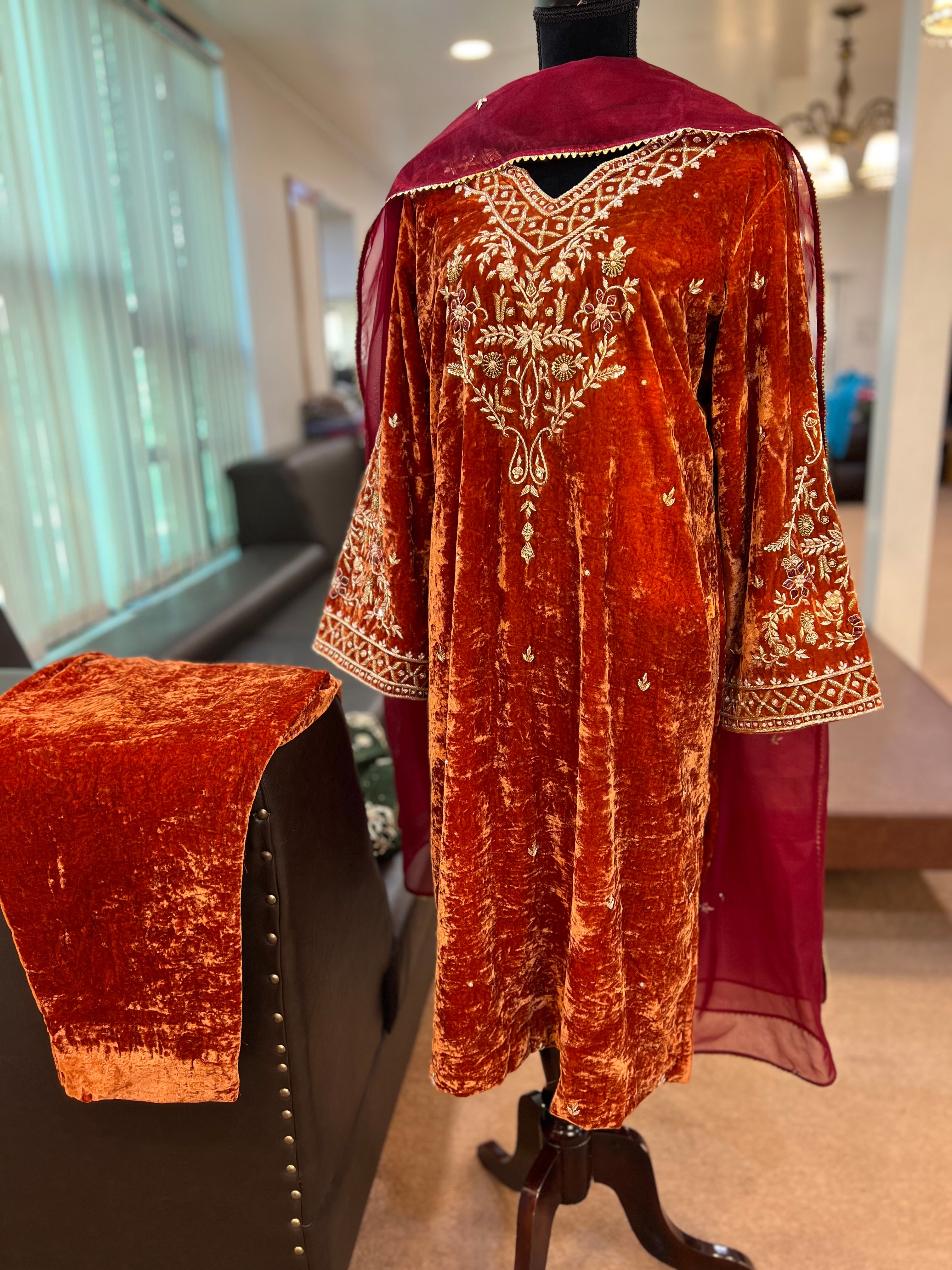 Rust hand embroidered velvet dress