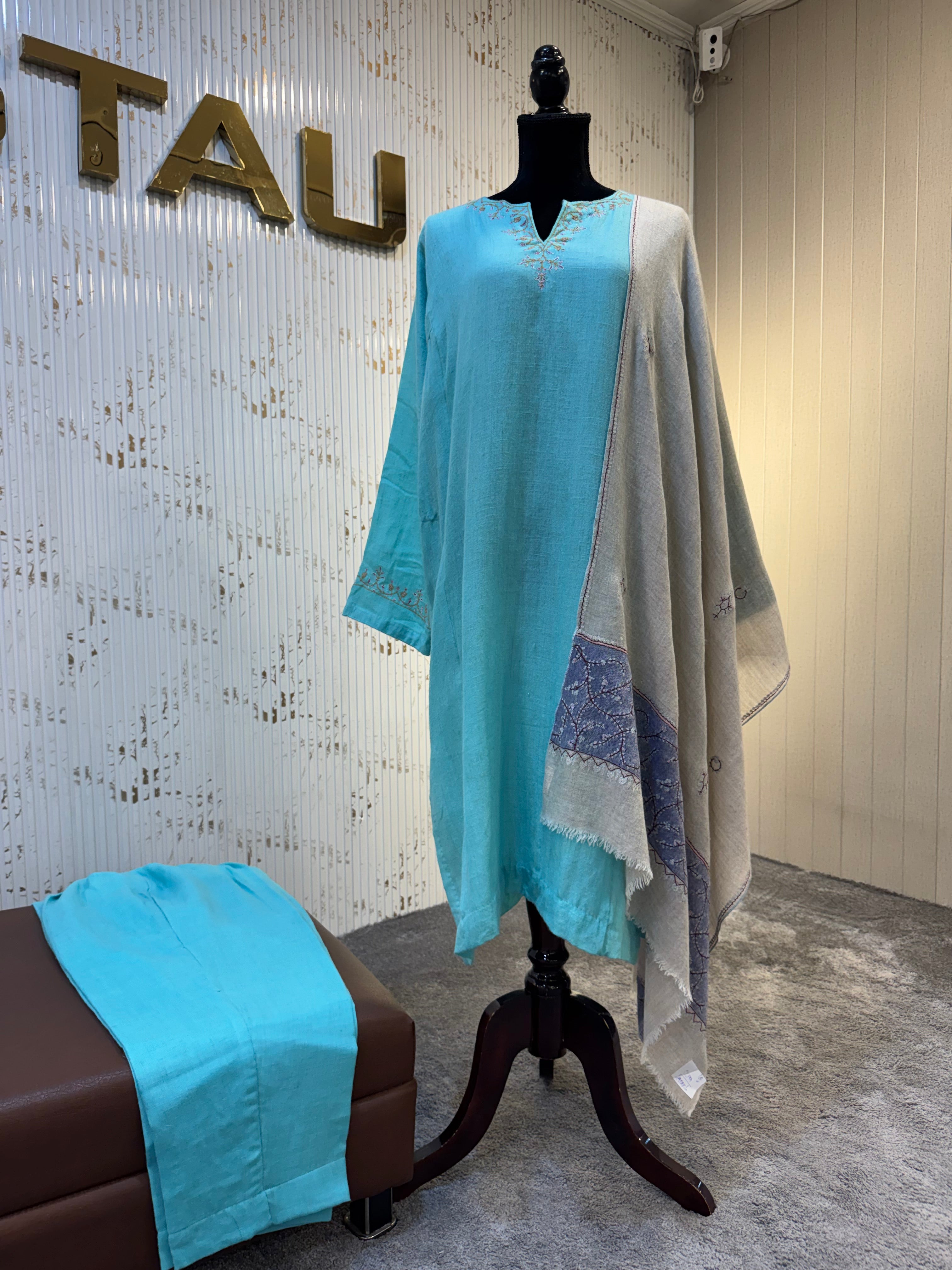 Turquoise Sky Blue Pashmina Blend 2-Piece Suit with Delicate Hand Sozni Embroidery pwb566
