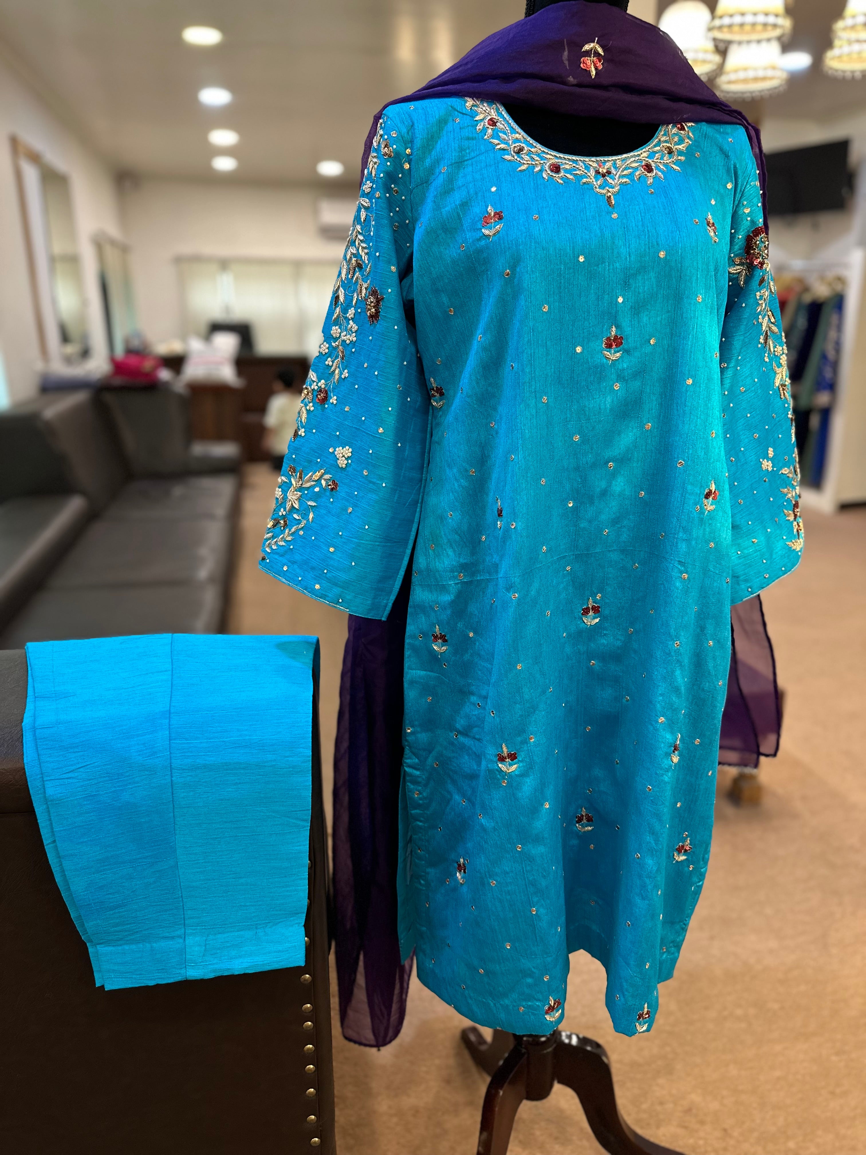 Handembroidered 3 piece blue dress