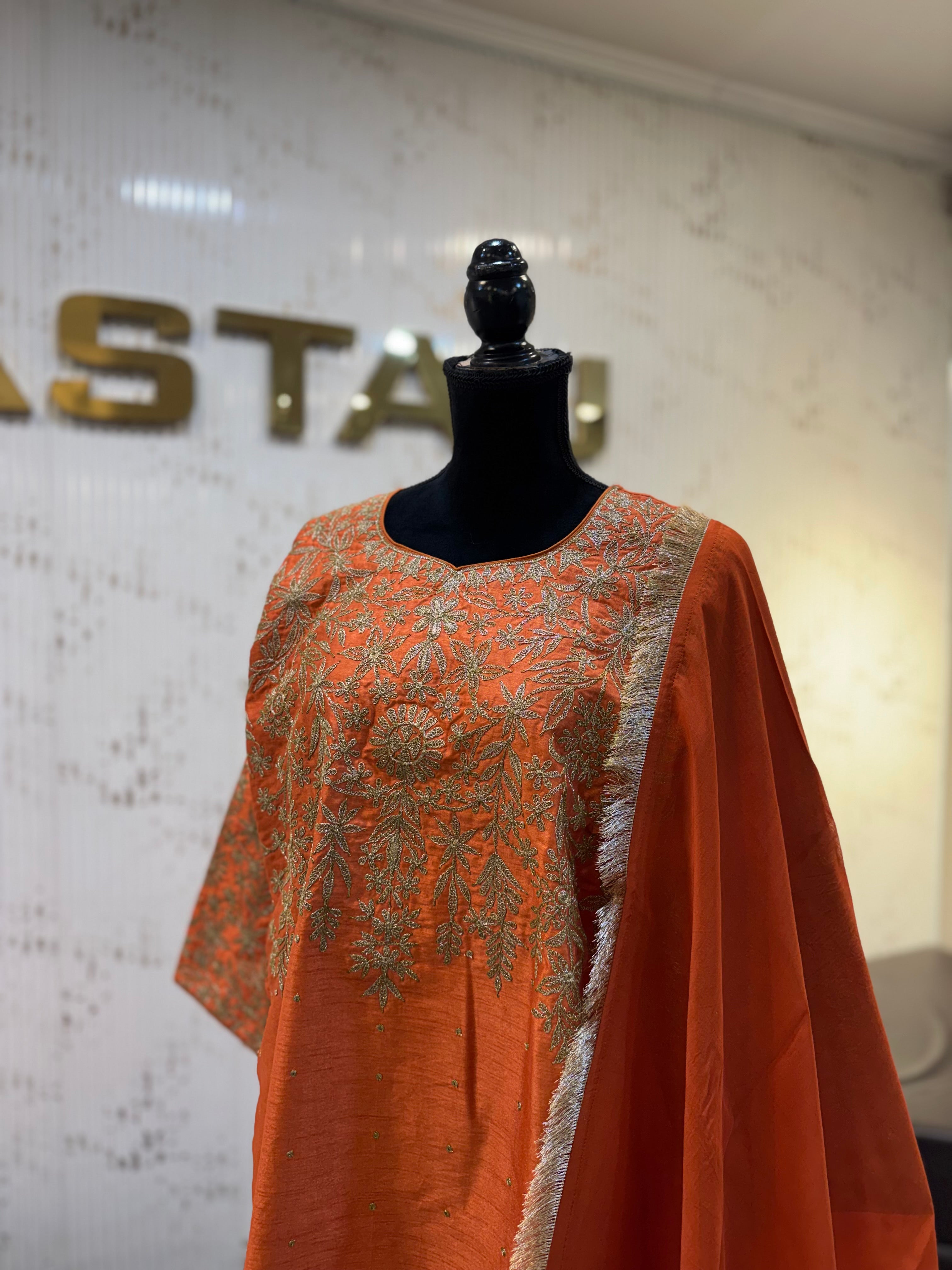 Royal Rust Pure Silk 3-Piece Set with Tabby Silk Dupatta